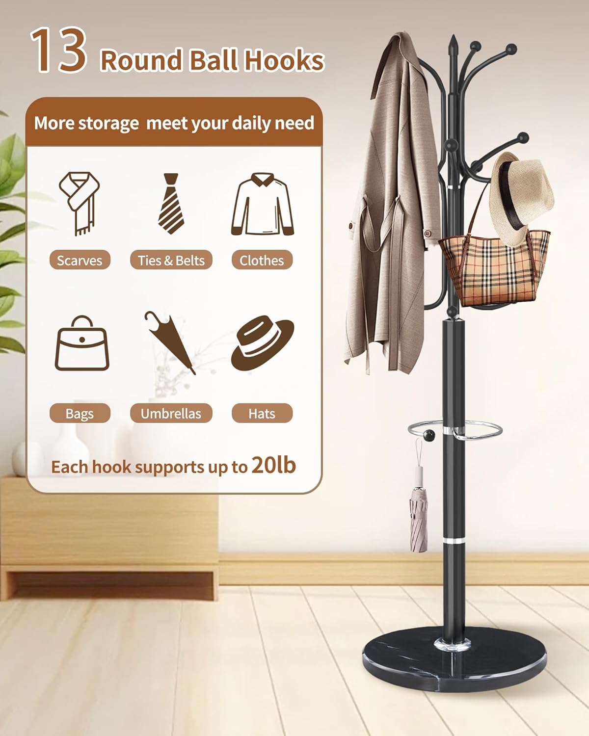 ZIECUKU Metal Coat Rack with Marble Base and 12 Hooks