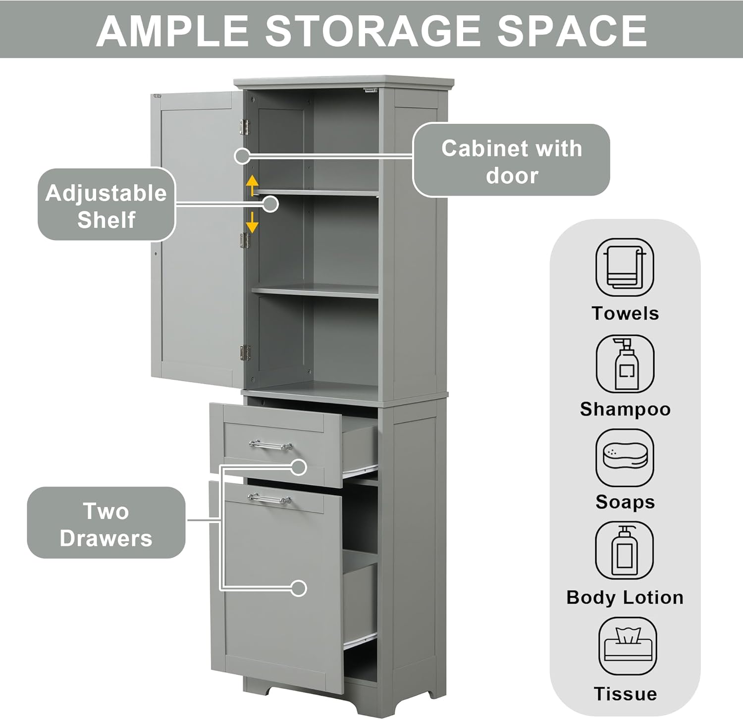 Tall Bathroom Cabinet with Two Drawers and Adjustable Shelf