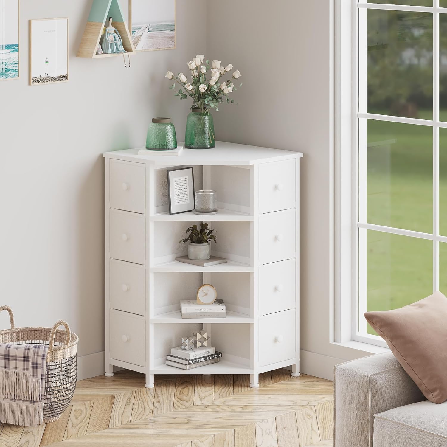LUMTOK 8 Drawer Corner Dresser with Fabric and Open Shelves White
