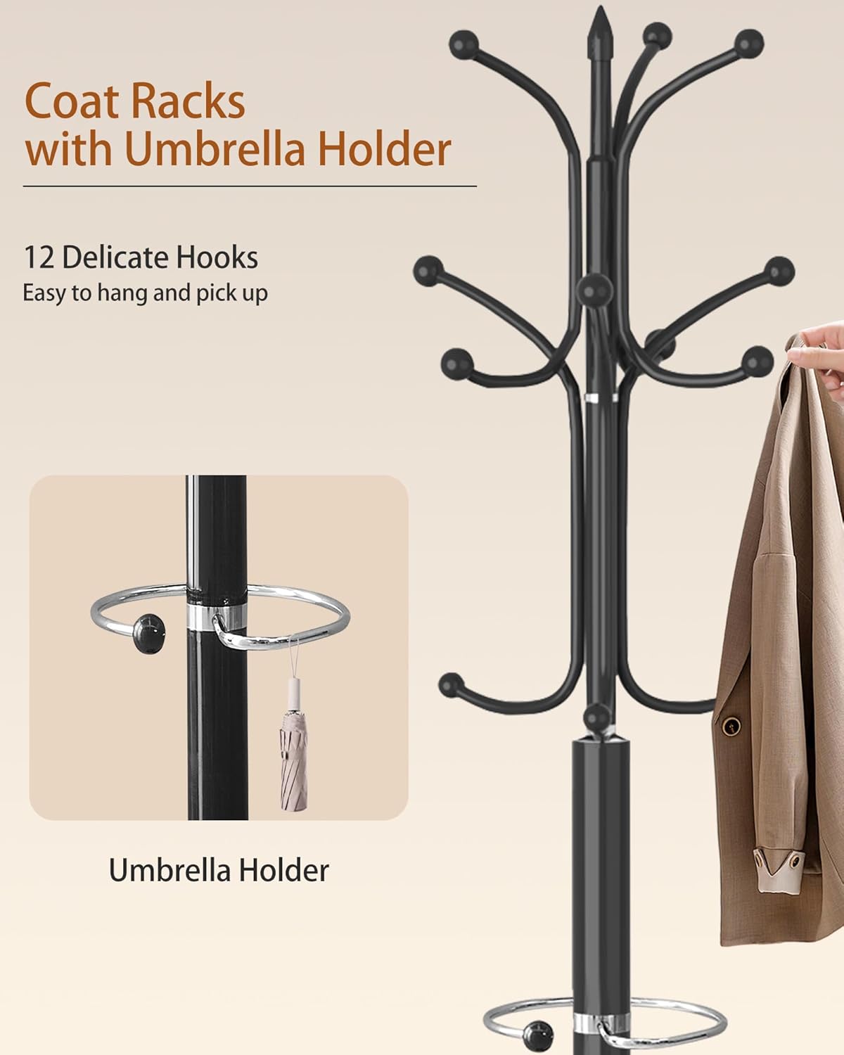 ZIECUKU Metal Coat Rack with Marble Base and 12 Hooks