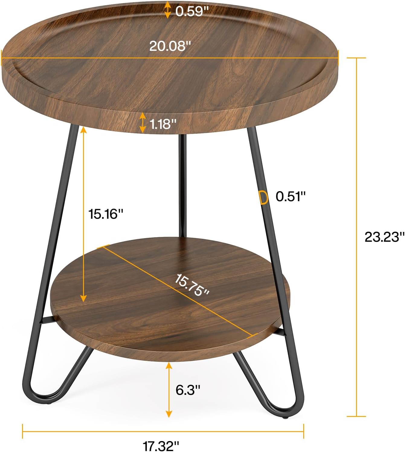 Tribesigns Round Side Table with Metal Legs 2-Tier End Table Modern Industrial Brown