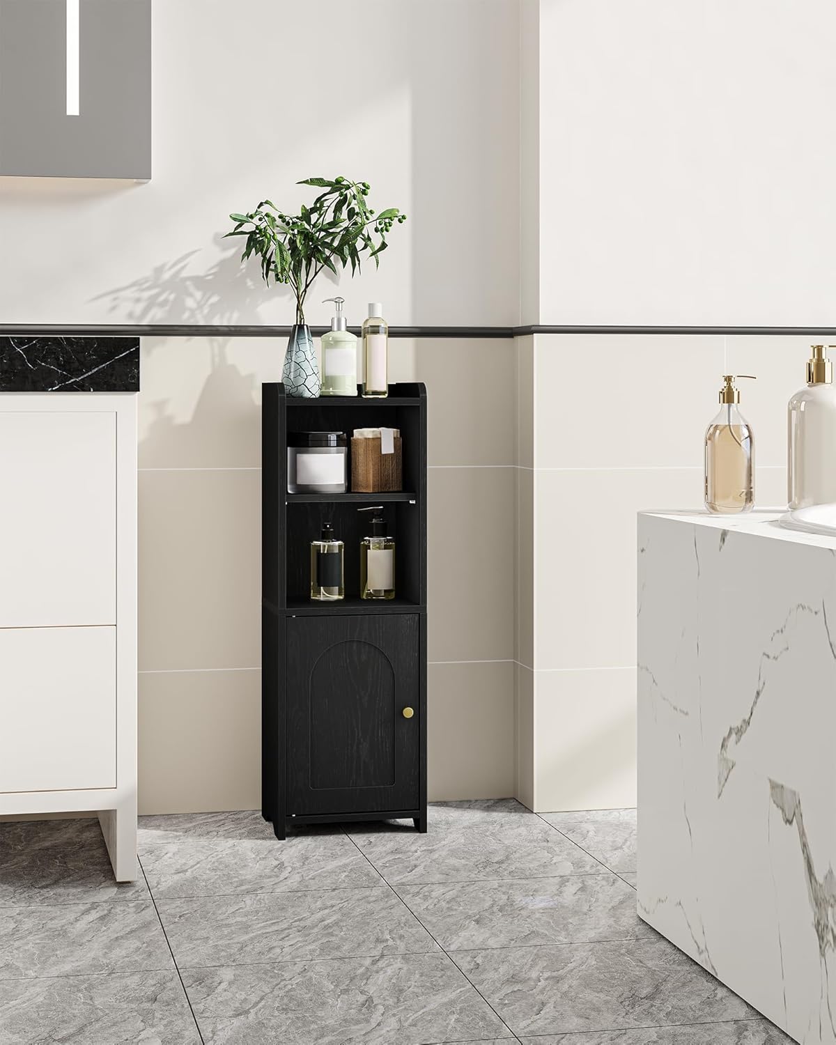 Bathroom Storage Cabinet with Arched Doors and Adjustable Shelves Black BC29704X