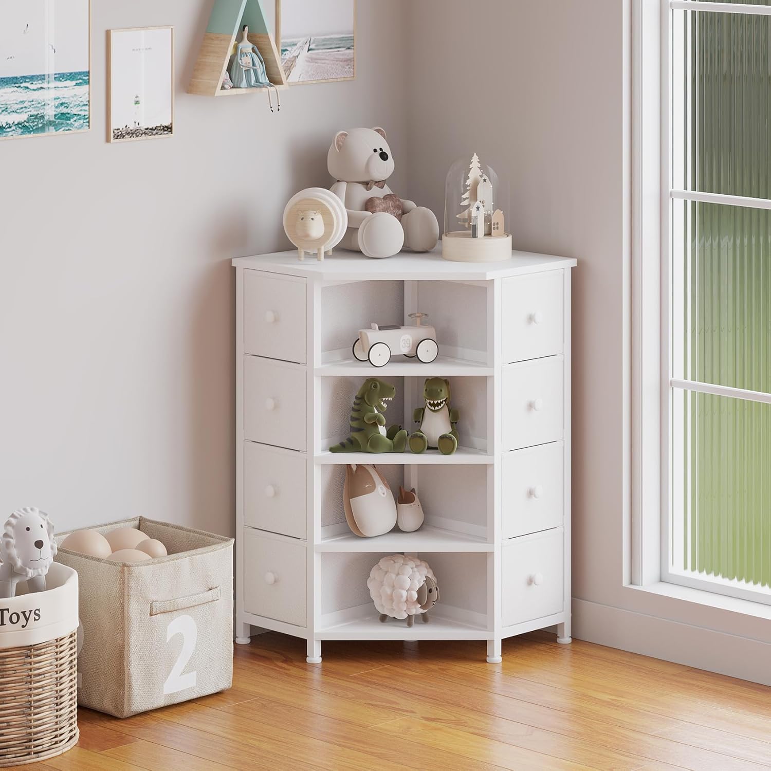 LUMTOK 8 Drawer Corner Dresser with Fabric and Open Shelves White