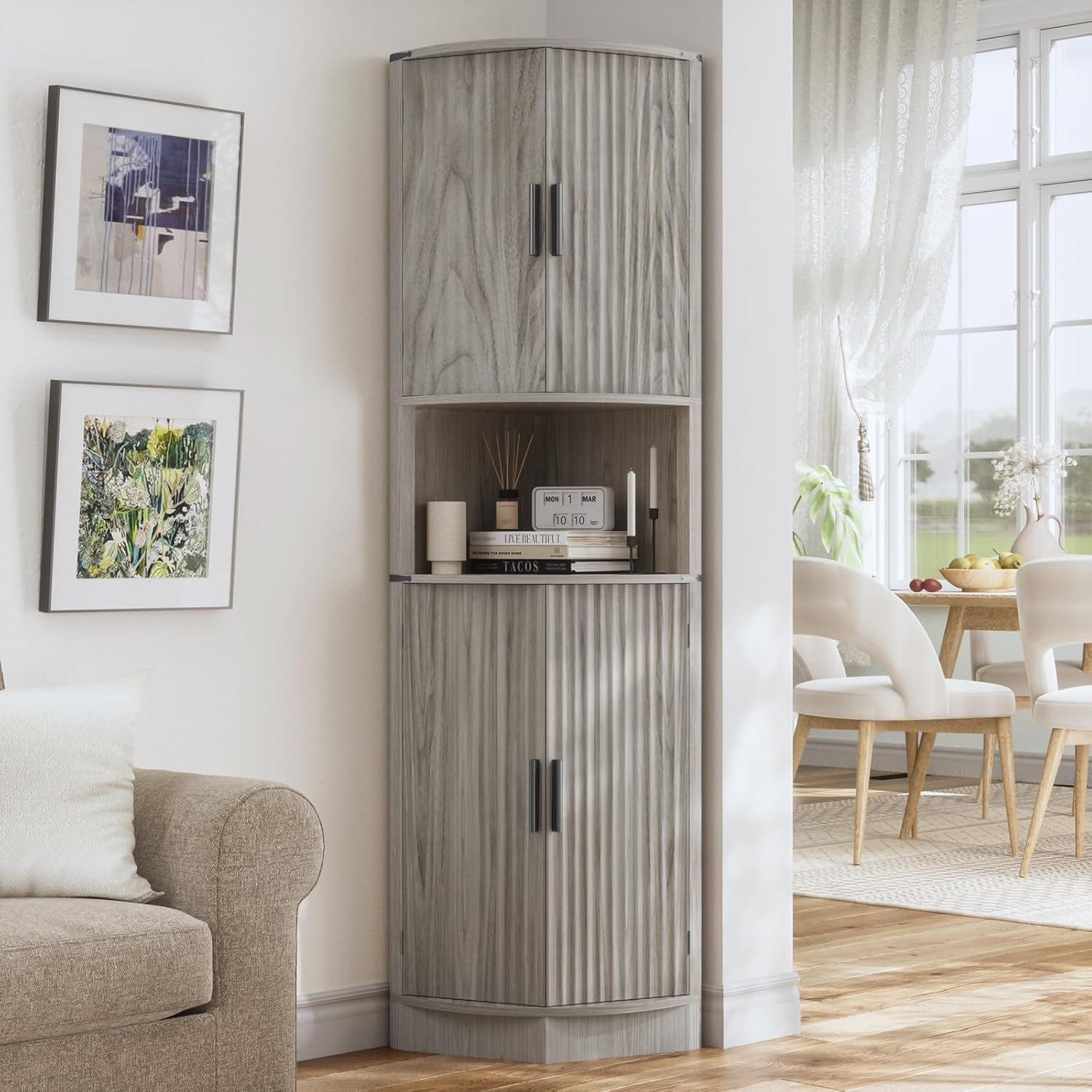 Maupvit 68 Inch Tall Corner Storage Cabinet with 4 Doors and 5 Shelves Rustic Gray