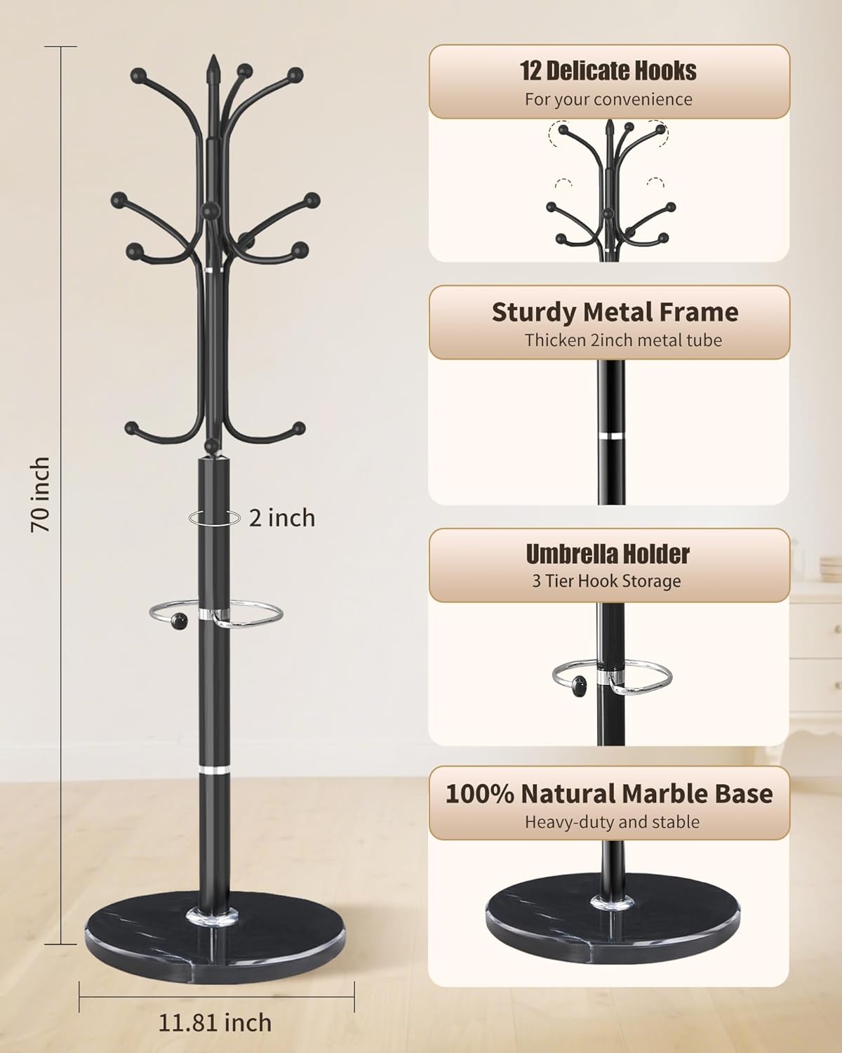 ZIECUKU Metal Coat Rack with Marble Base and 12 Hooks