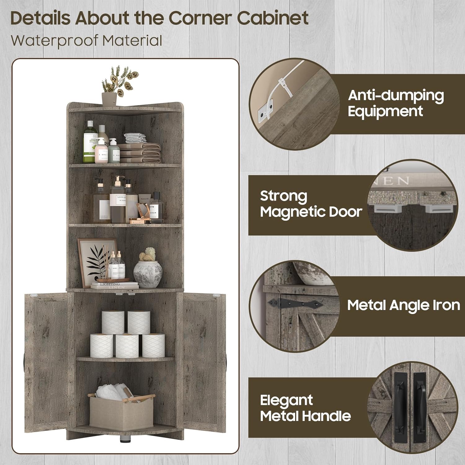 Halitaa Farmhouse Corner Cabinet with 6 Shelves and Barn Doors