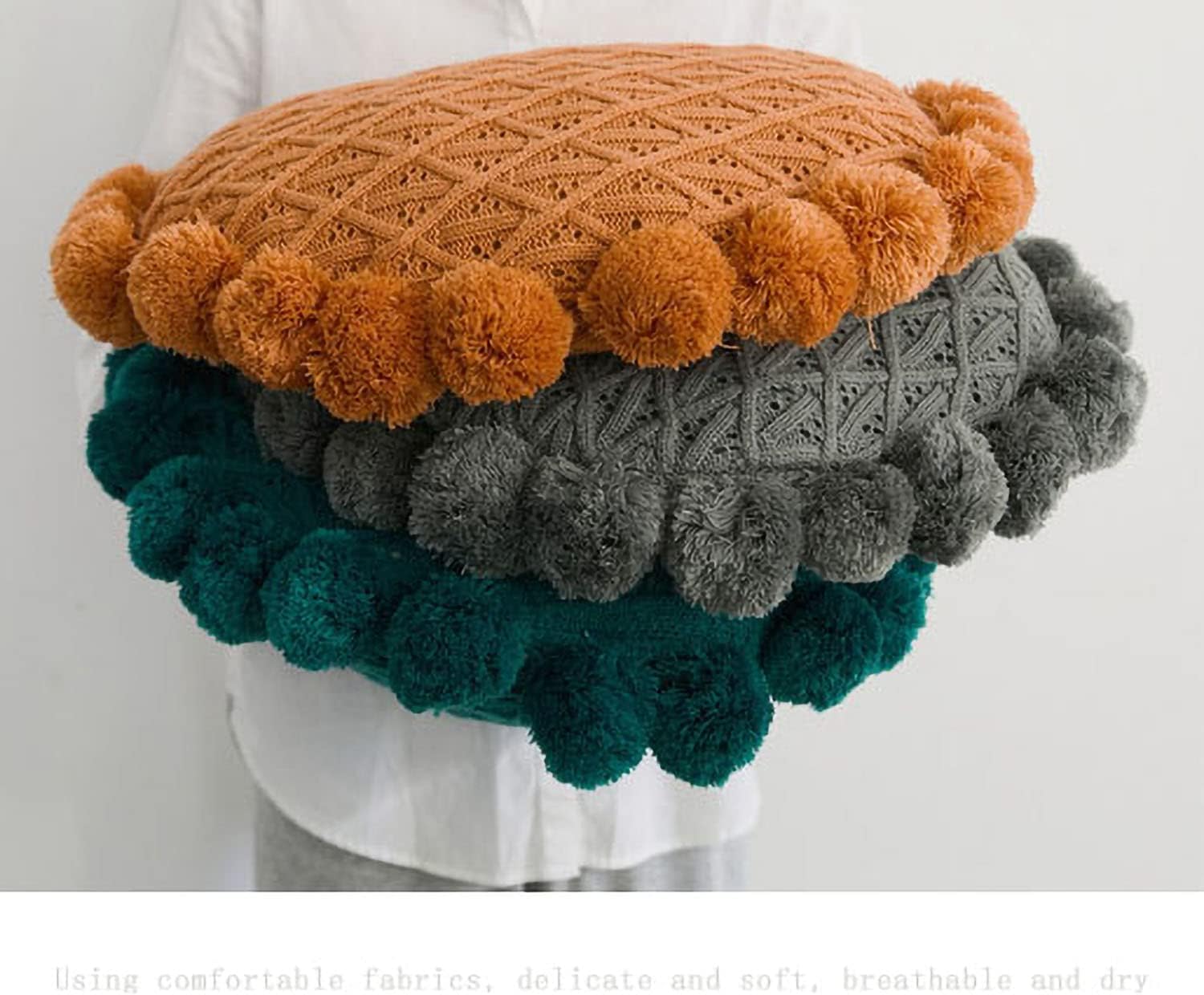 IXITON Round Knitting Pompoms Pillow Sunflower Decorative Cushion Throw Pillow with Insert 20 Inch Light Yellow