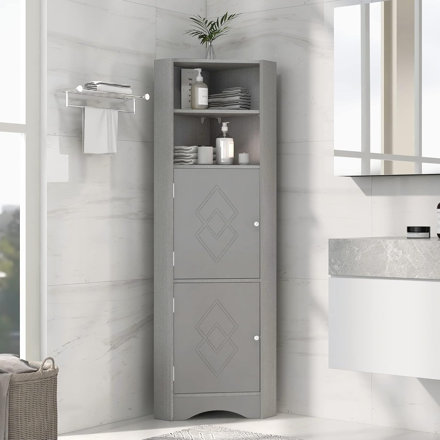 Tall Triangle Bathroom Cabinet with Doors and Adjustable Shelves Grey