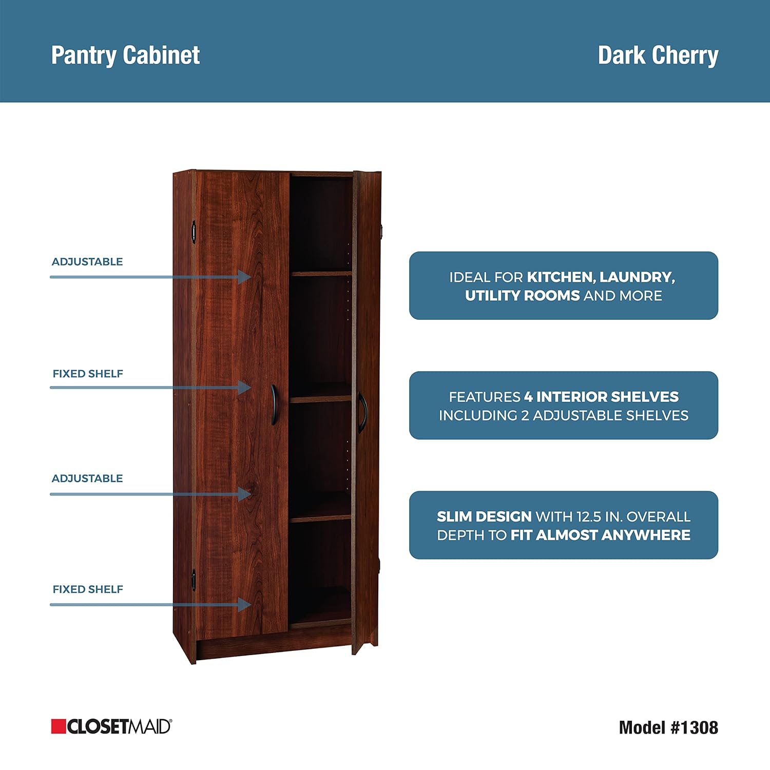 ClosetMaid Dark Cherry Pantry Cabinet with 2 Doors and Adjustable Shelves
