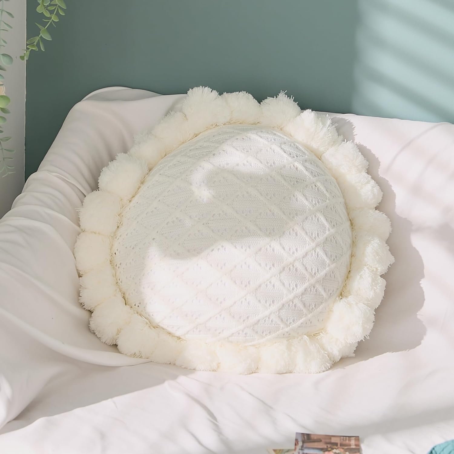 ATMOSURELY Boho Cotton Knitted Throw Pillow with Tassels