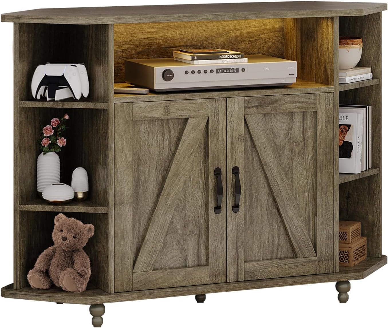 4 Ever Winner Corner TV Stand for 50 Inch TV Farmhouse Style with LED Light Open Storage Adjustable Shelves Grey