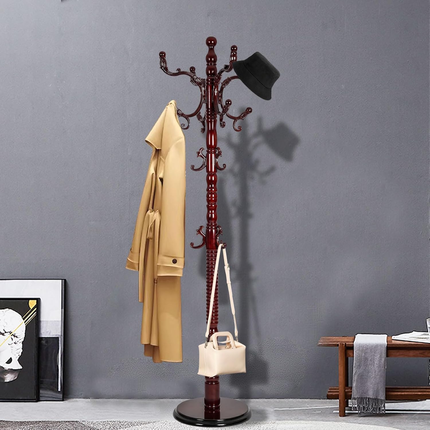 Free Standing Coat Rack with 14 Hooks and Natural Wood Base