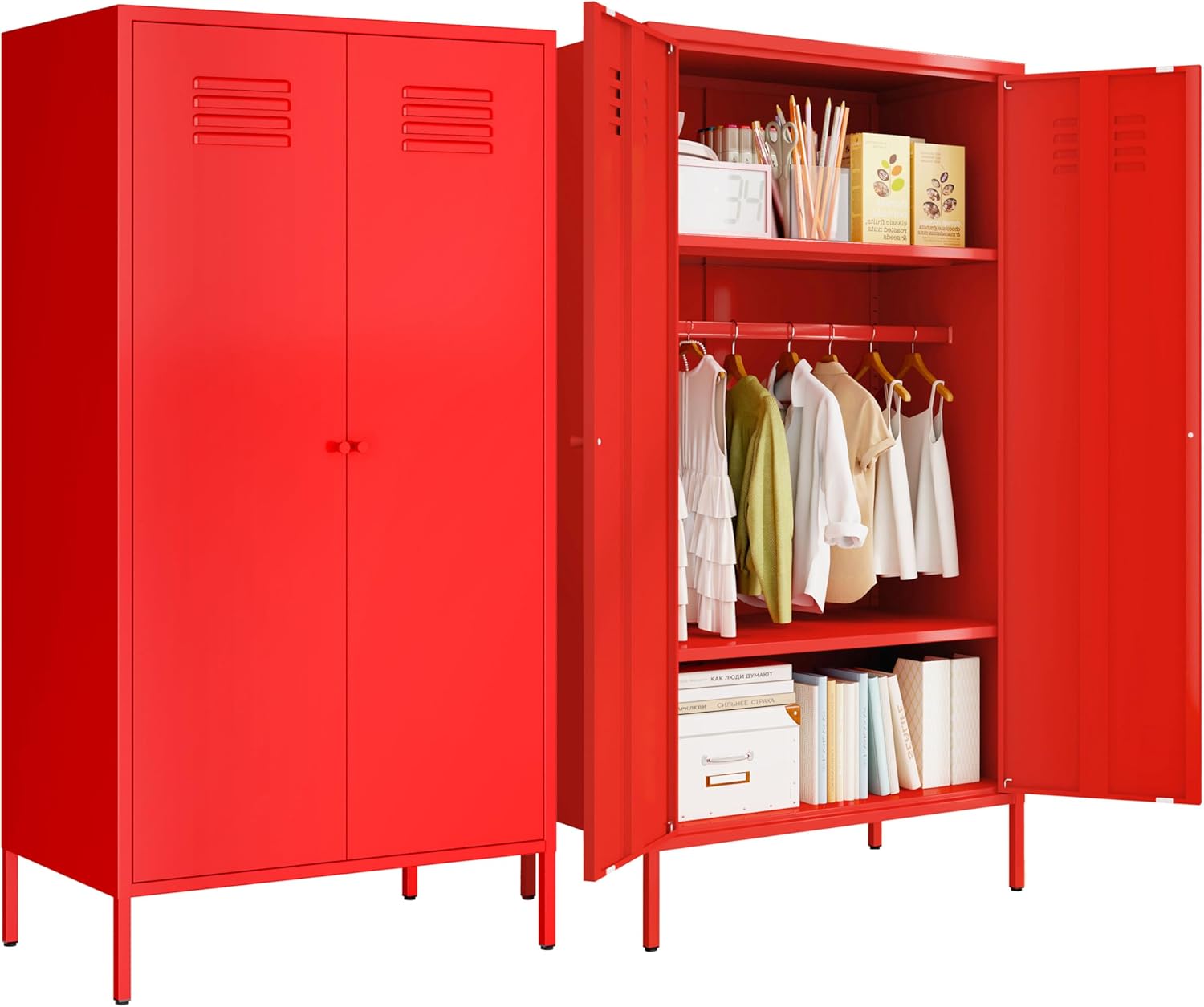 Fumedo Metal Wardrobe Cabinet with Adjustable Shelves and Hanging Rods 2 Door Red