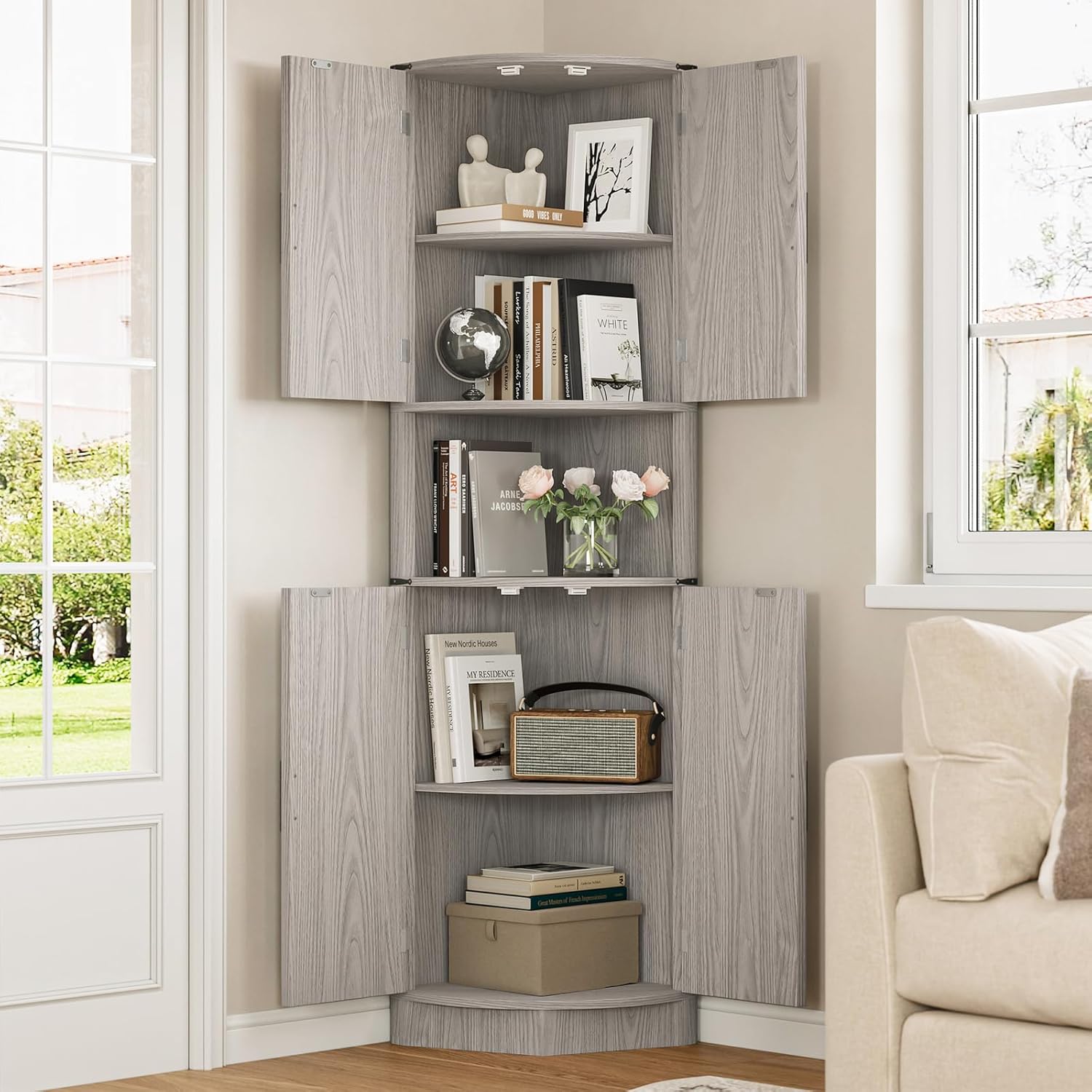 Maupvit 68 Inch Tall Corner Storage Cabinet with 4 Doors and 5 Shelves Rustic Gray