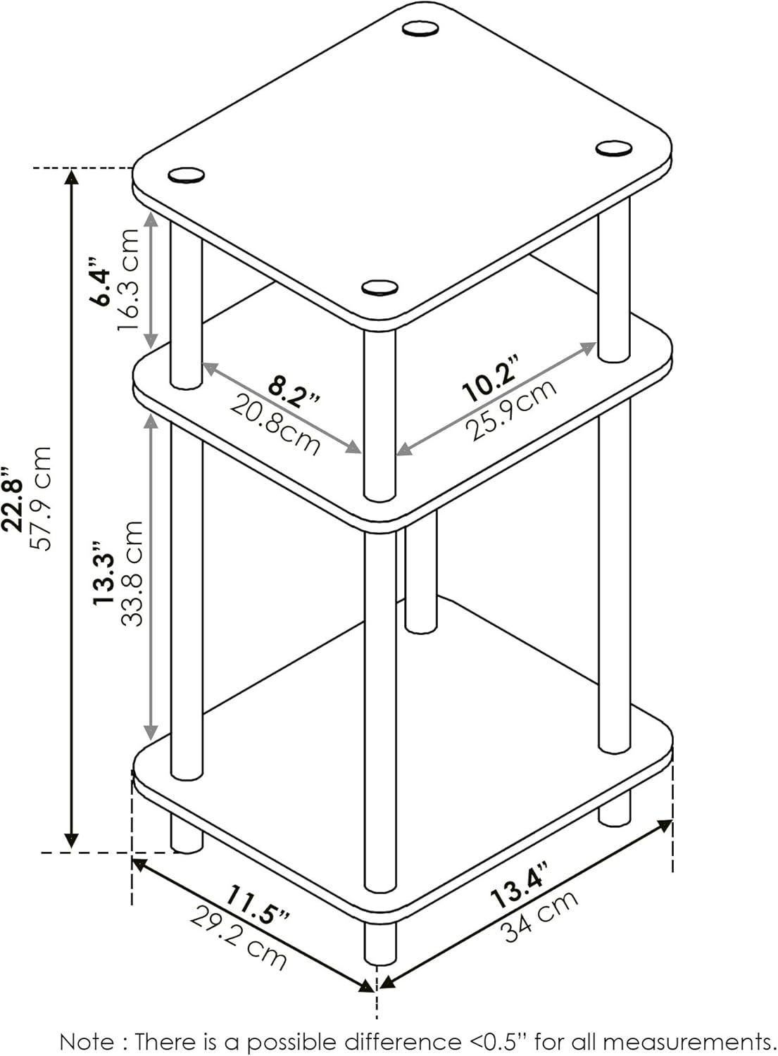 Furinno 3-Tier Turn-N-Tube End Table with Plastic Poles