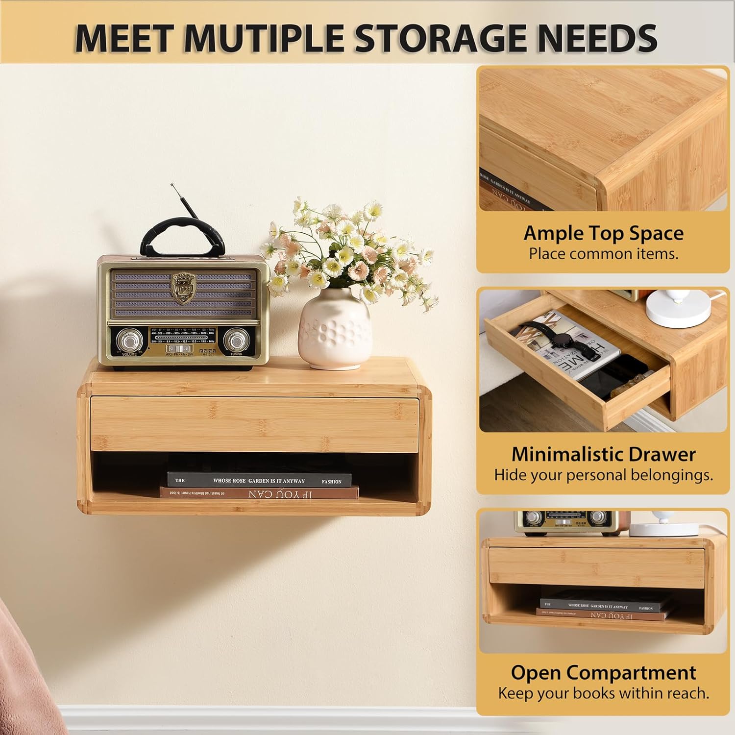 Bamboo Floating Nightstand with Storage Drawer