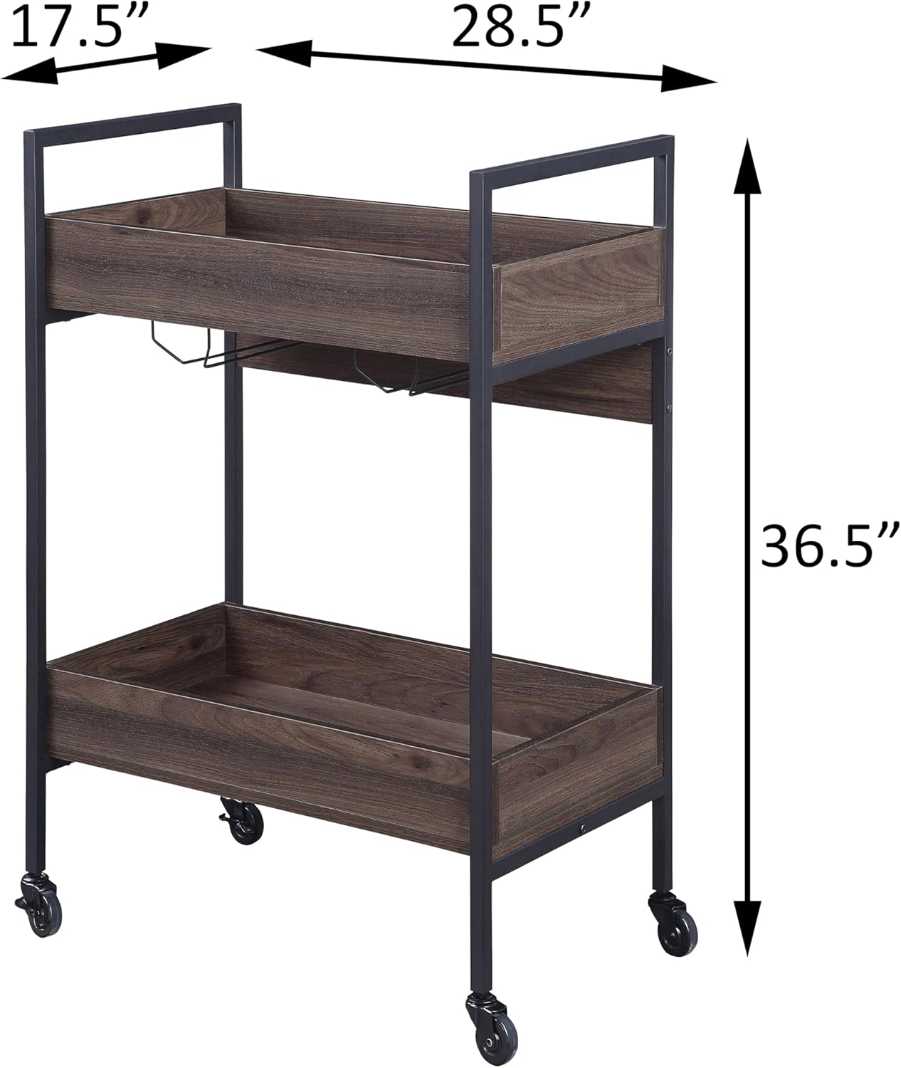 Walnut and Black Serving Cart with Two Shelves and Cup Holder