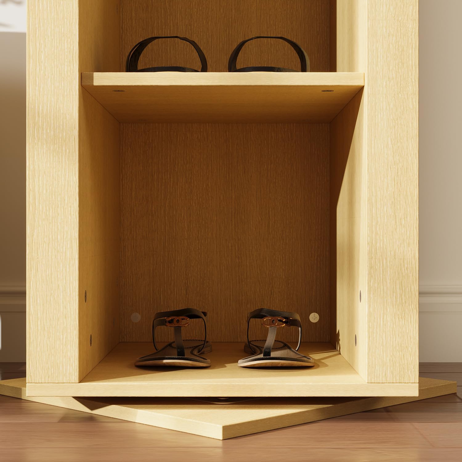 Rotating Storage Cabinet with Mirror Narrow Corner Bookshelf Entryway Organizer 4 Hooks 2 Drawers Beige 138x138x648