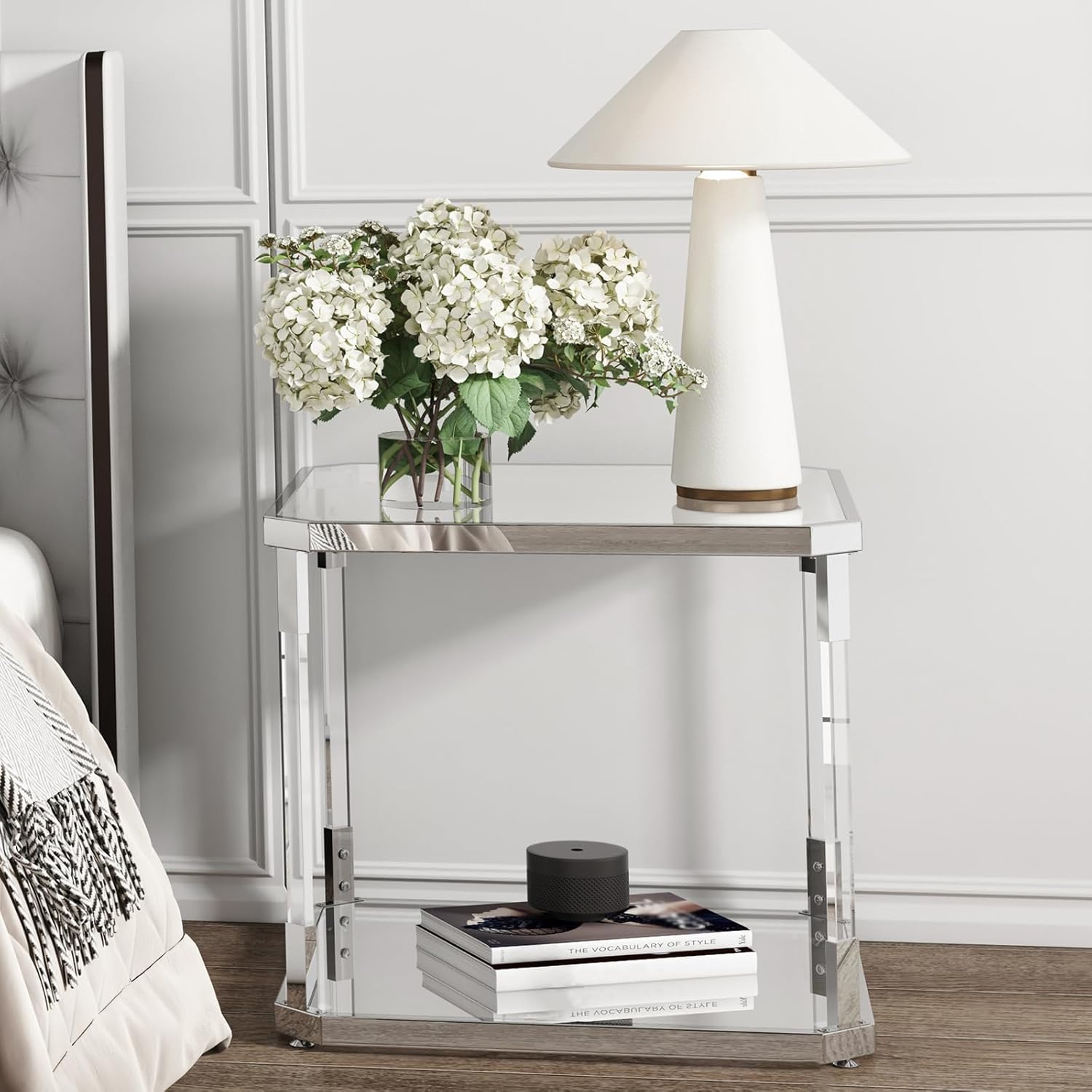 Silver Square Glass Top Side Table - Modern Nightstand for Living Room and Bedroom