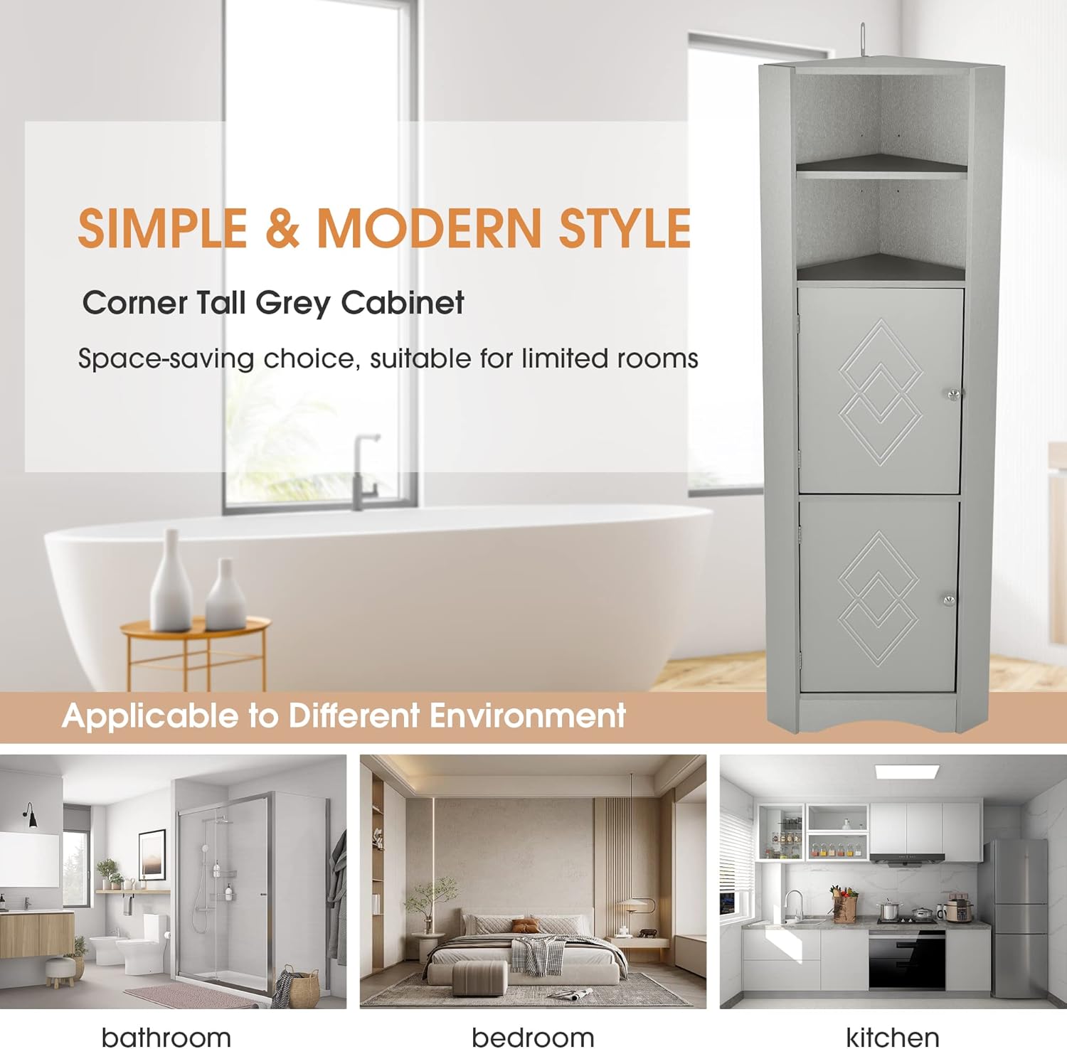 Tall Triangle Bathroom Cabinet with Doors and Adjustable Shelves Grey