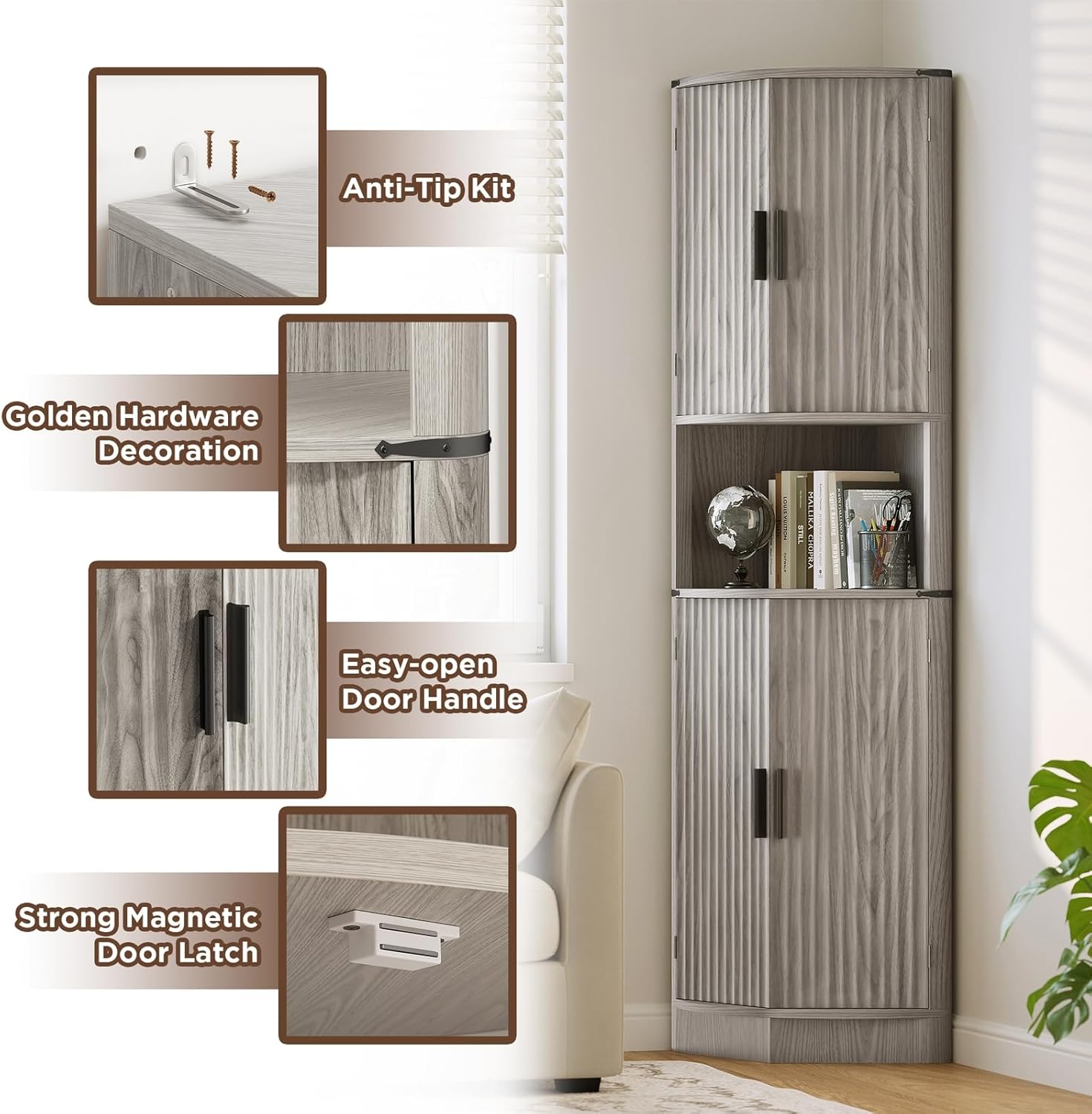 Maupvit 68 Inch Tall Corner Storage Cabinet with 4 Doors and 5 Shelves Rustic Gray