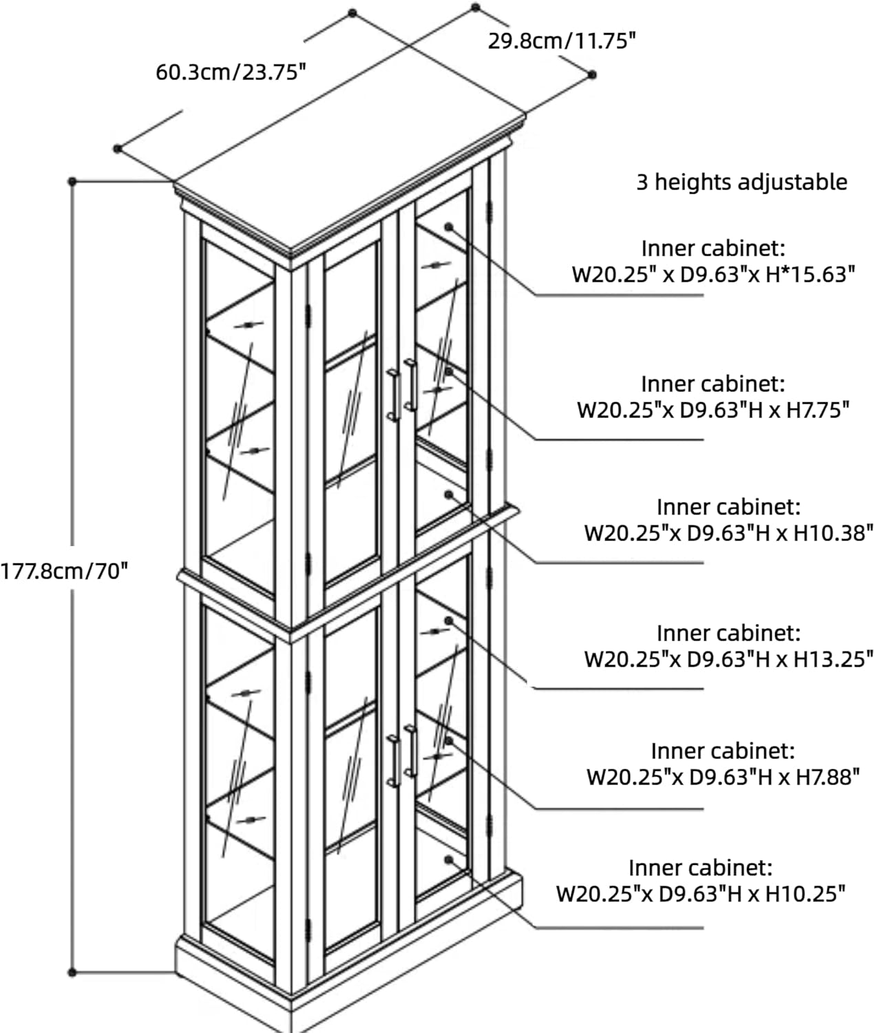 Tall Storage Cabinet with Adjustable Shelves and Lighted Glass Display