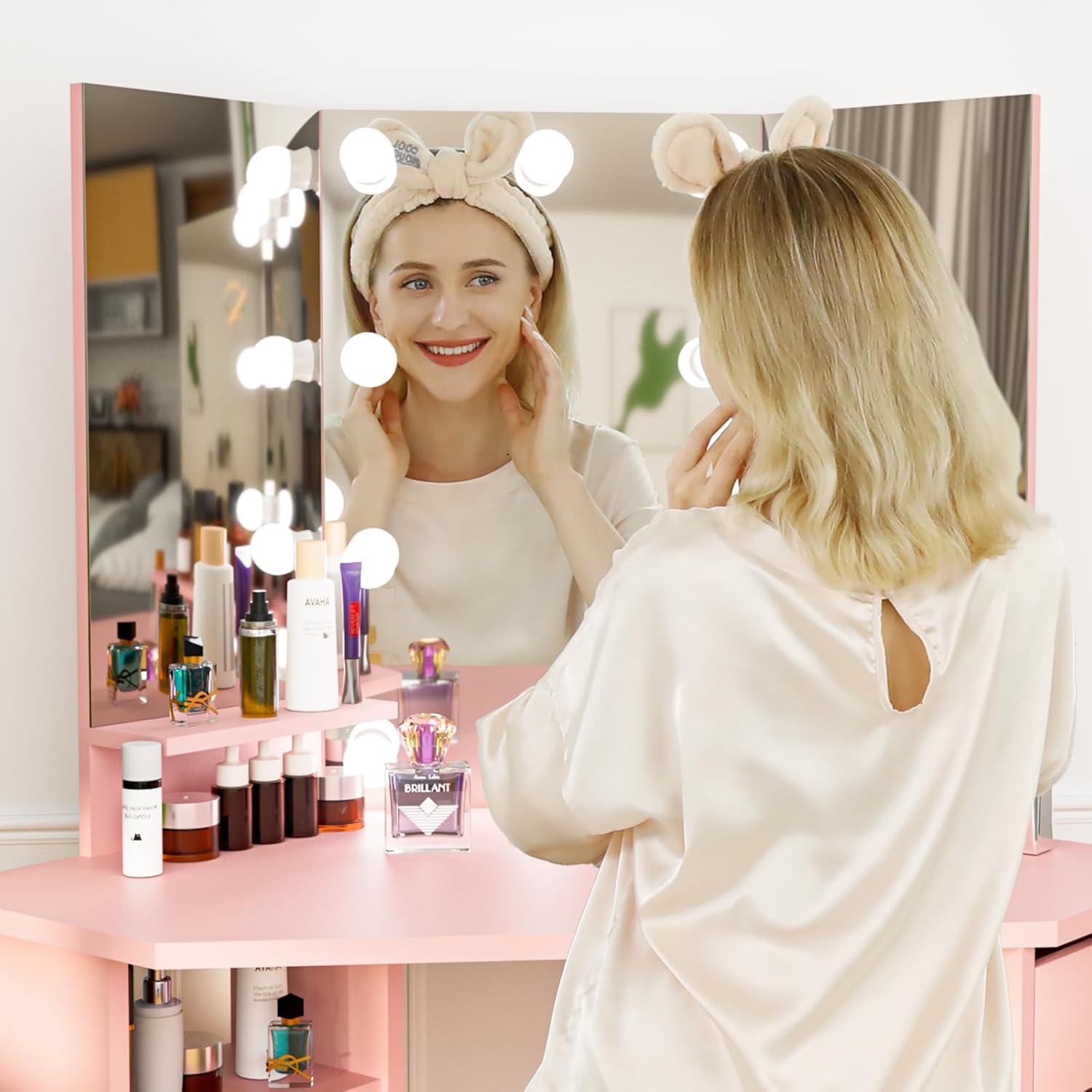 Likein Corner Vanity Desk with Mirror and Lights