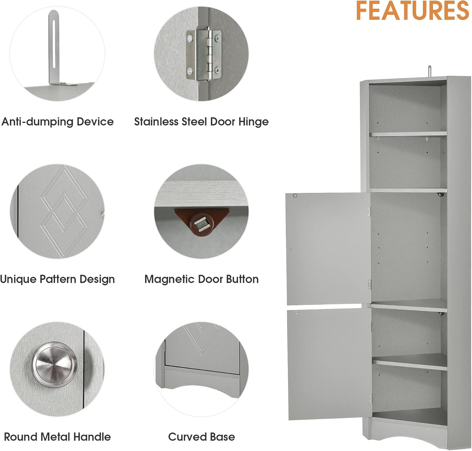 Tall Triangle Bathroom Cabinet with Doors and Adjustable Shelves Grey