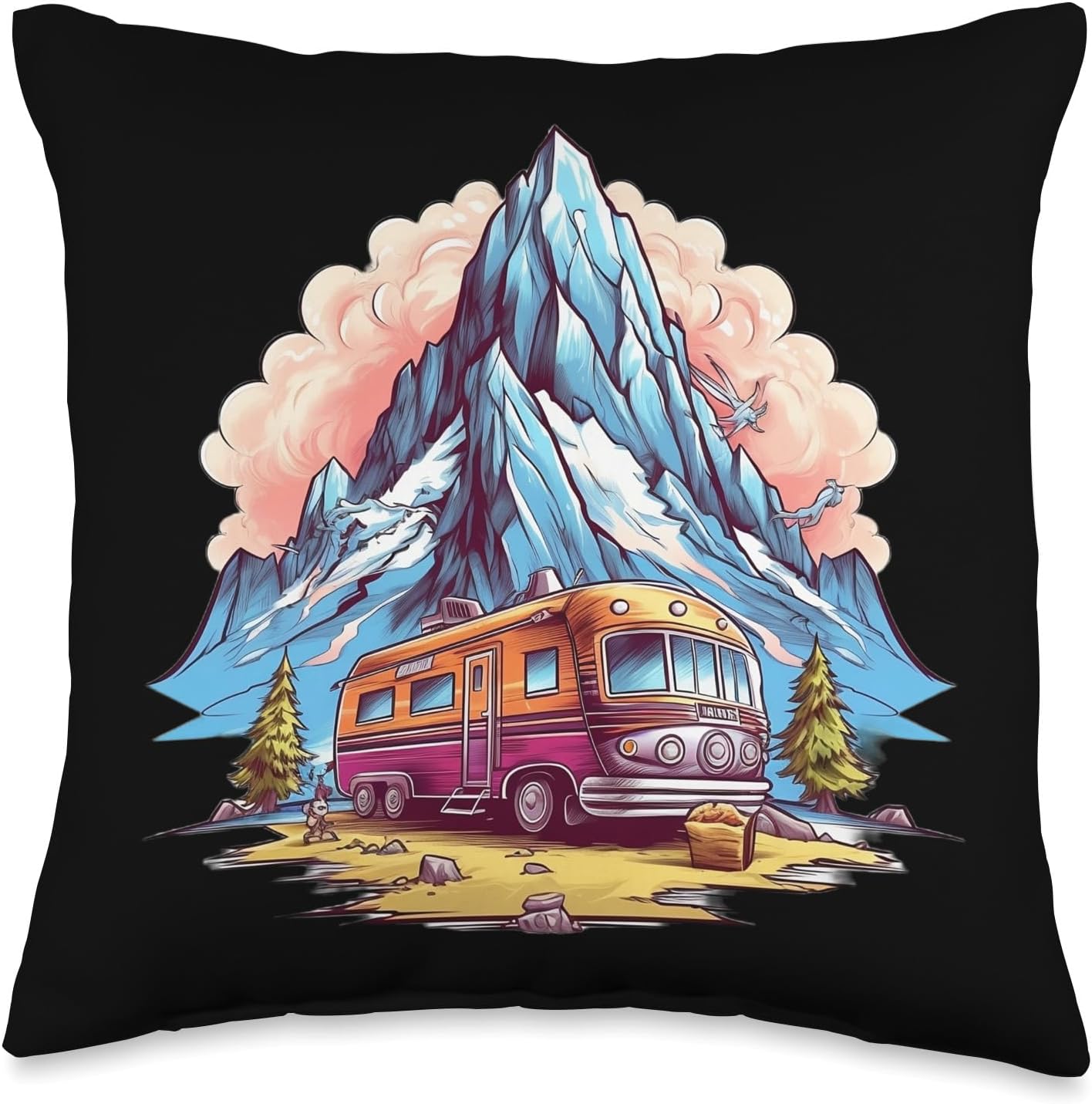 Caravan Mobile Home RV Camper Throw Pillow 16x16 Multicolor