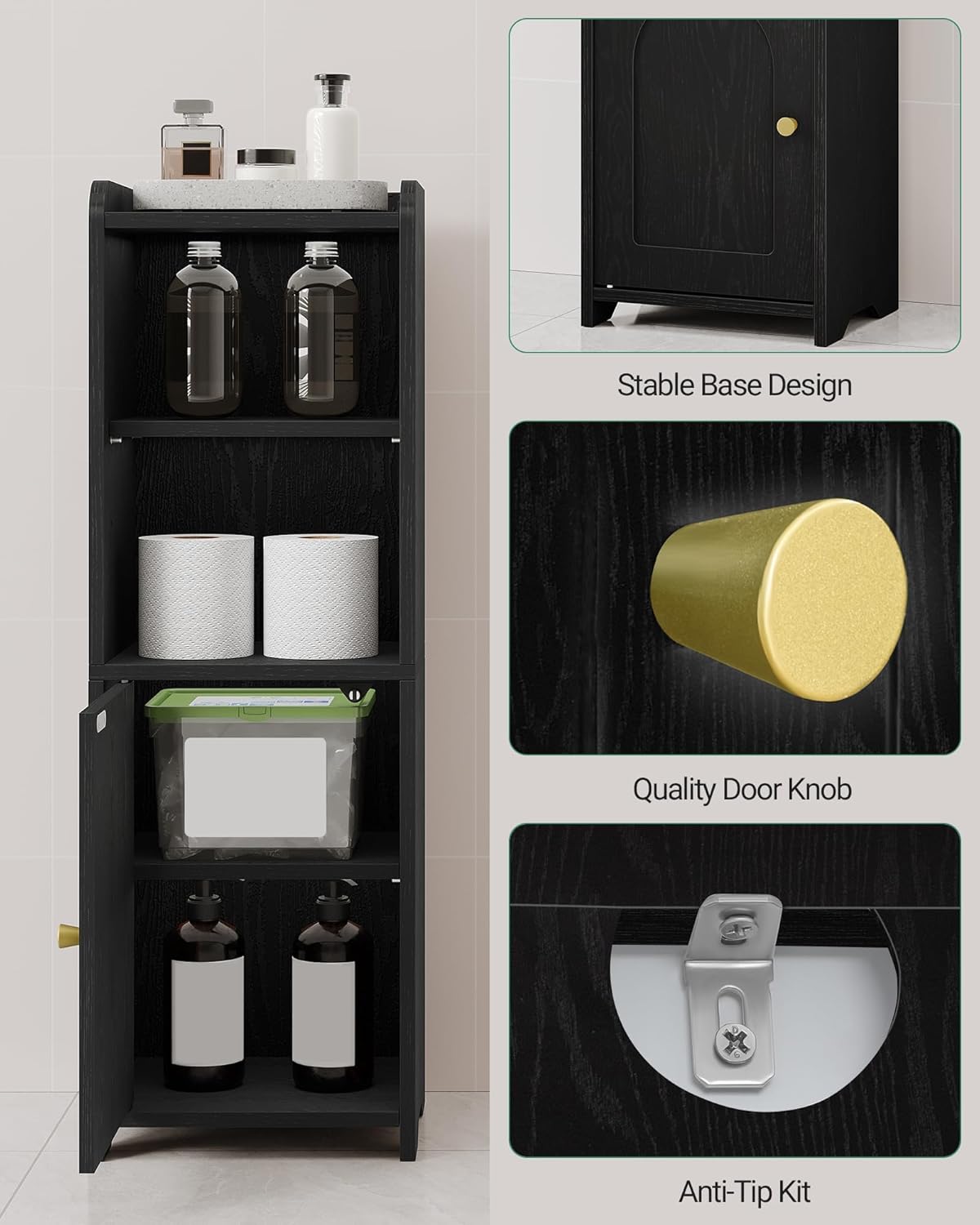 Bathroom Storage Cabinet with Arched Doors and Adjustable Shelves Black BC29704X