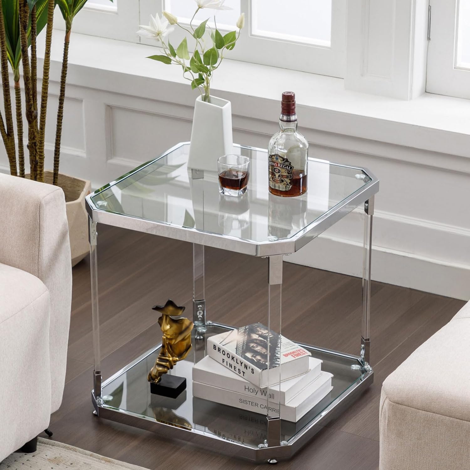 Silver Square Glass Top Side Table - Modern Nightstand for Living Room and Bedroom