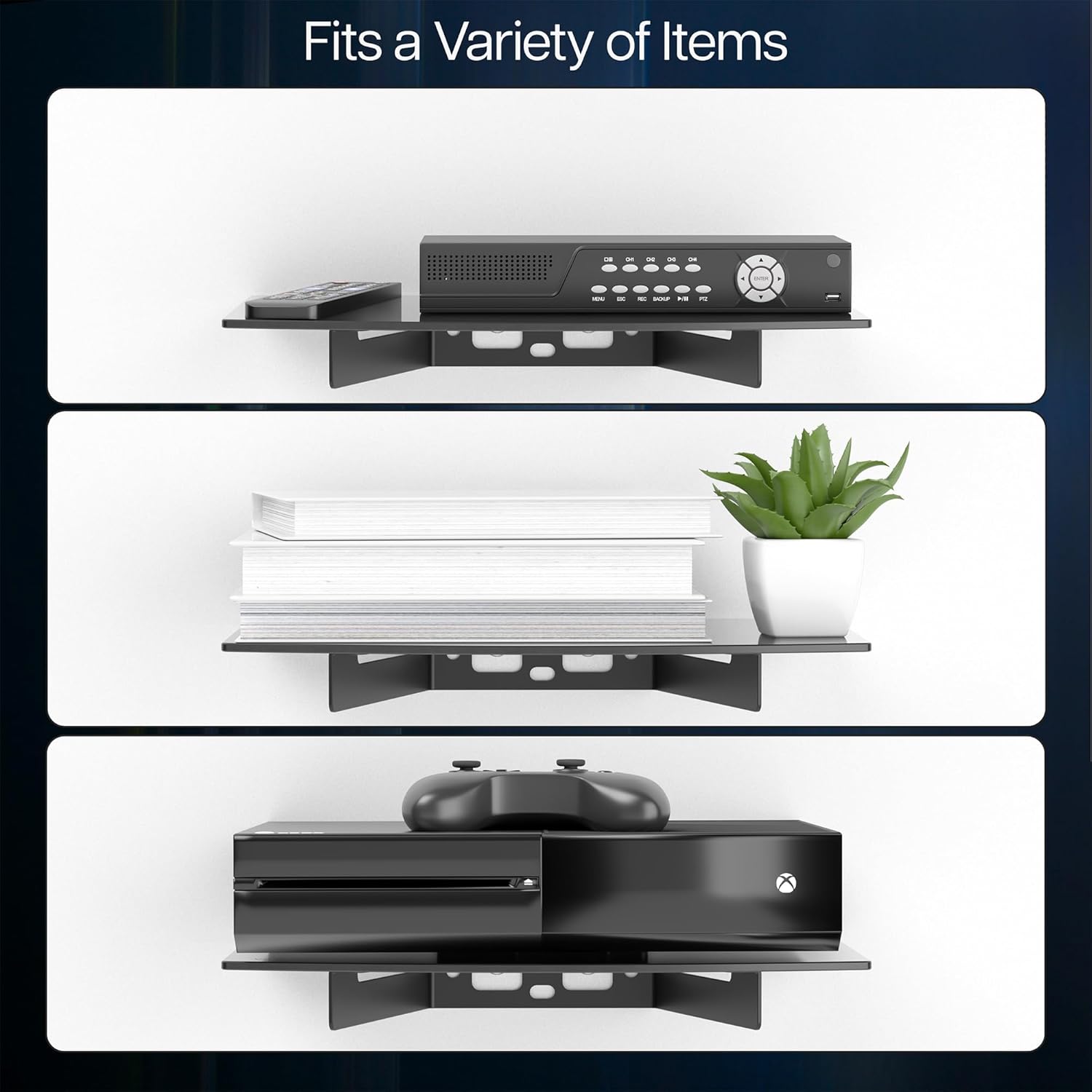 VIVO Floating Wall Mount Tempered Glass Shelf Black