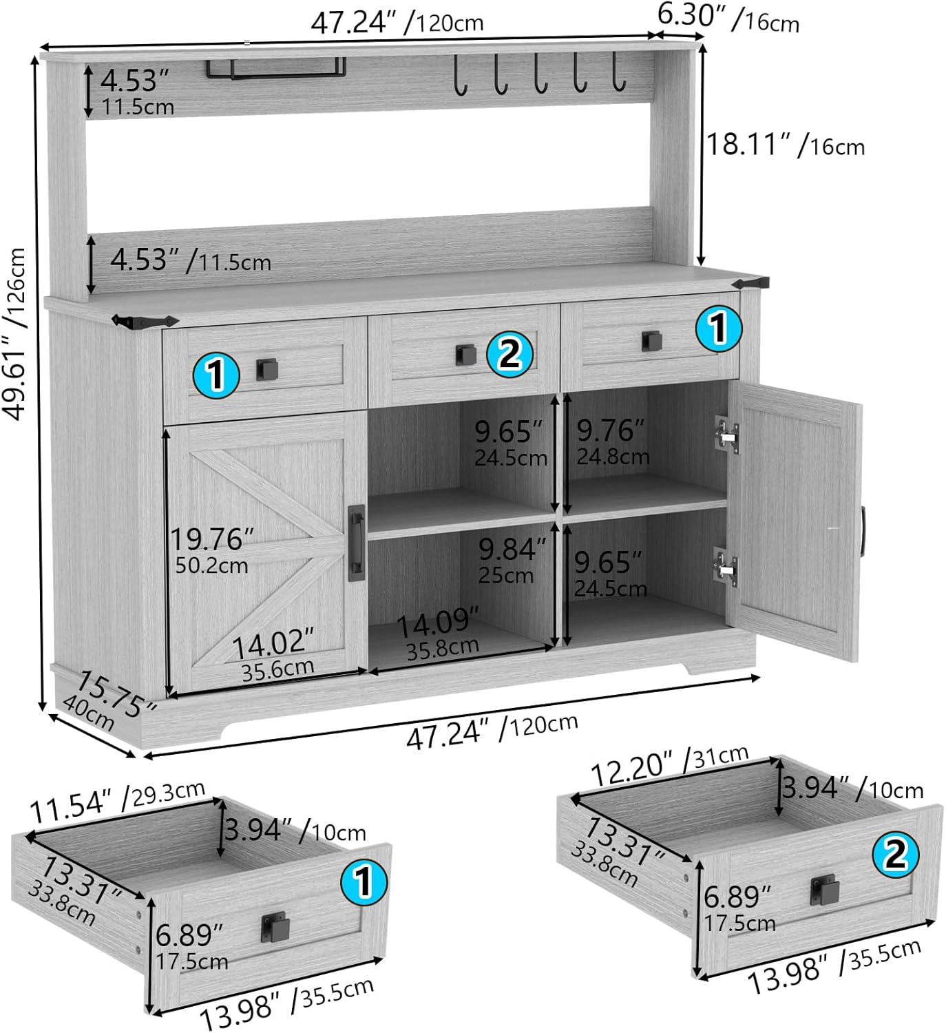 Gyfimoie Farmhouse Bar Cabinet with Hutch and 3 Drawers