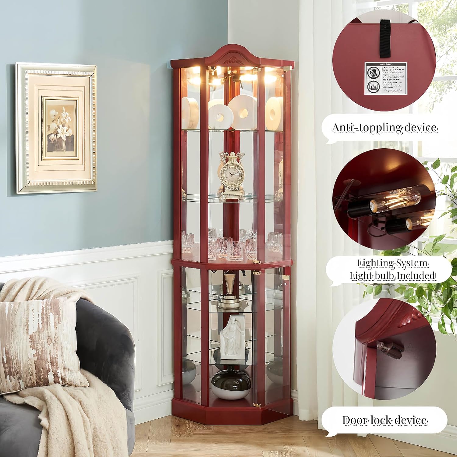 Cherry Corner Curio Cabinet with 4 Adjustable Glass Shelves and Glass Doors