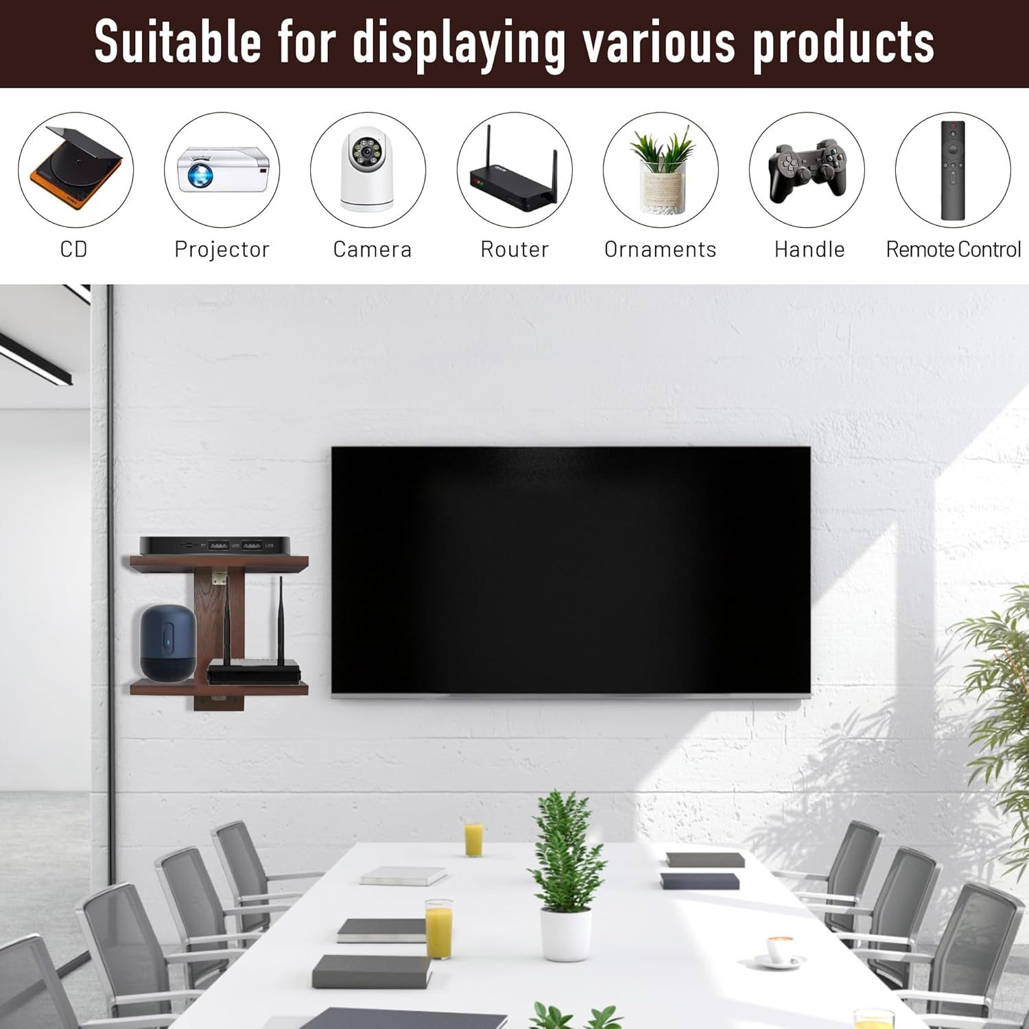 Floating Projector Wall Mount TV Shelf 2 Tiers Walnut
