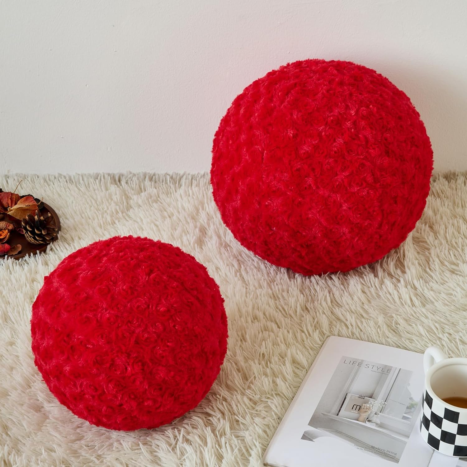Red Mini Ball Pillow 86 Inch Decorative Round Throw Pillow for Couch