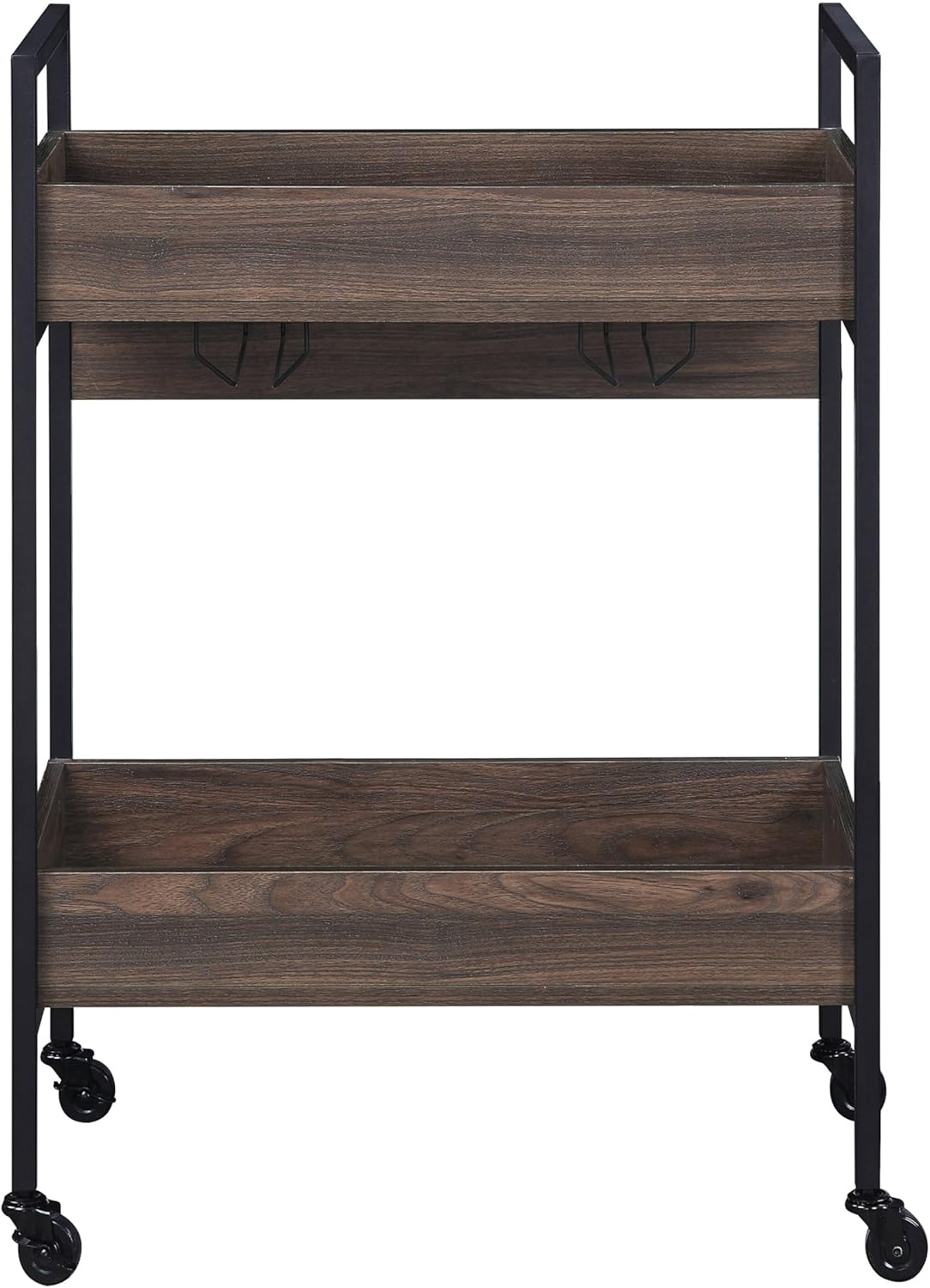 Walnut and Black Serving Cart with Two Shelves and Cup Holder