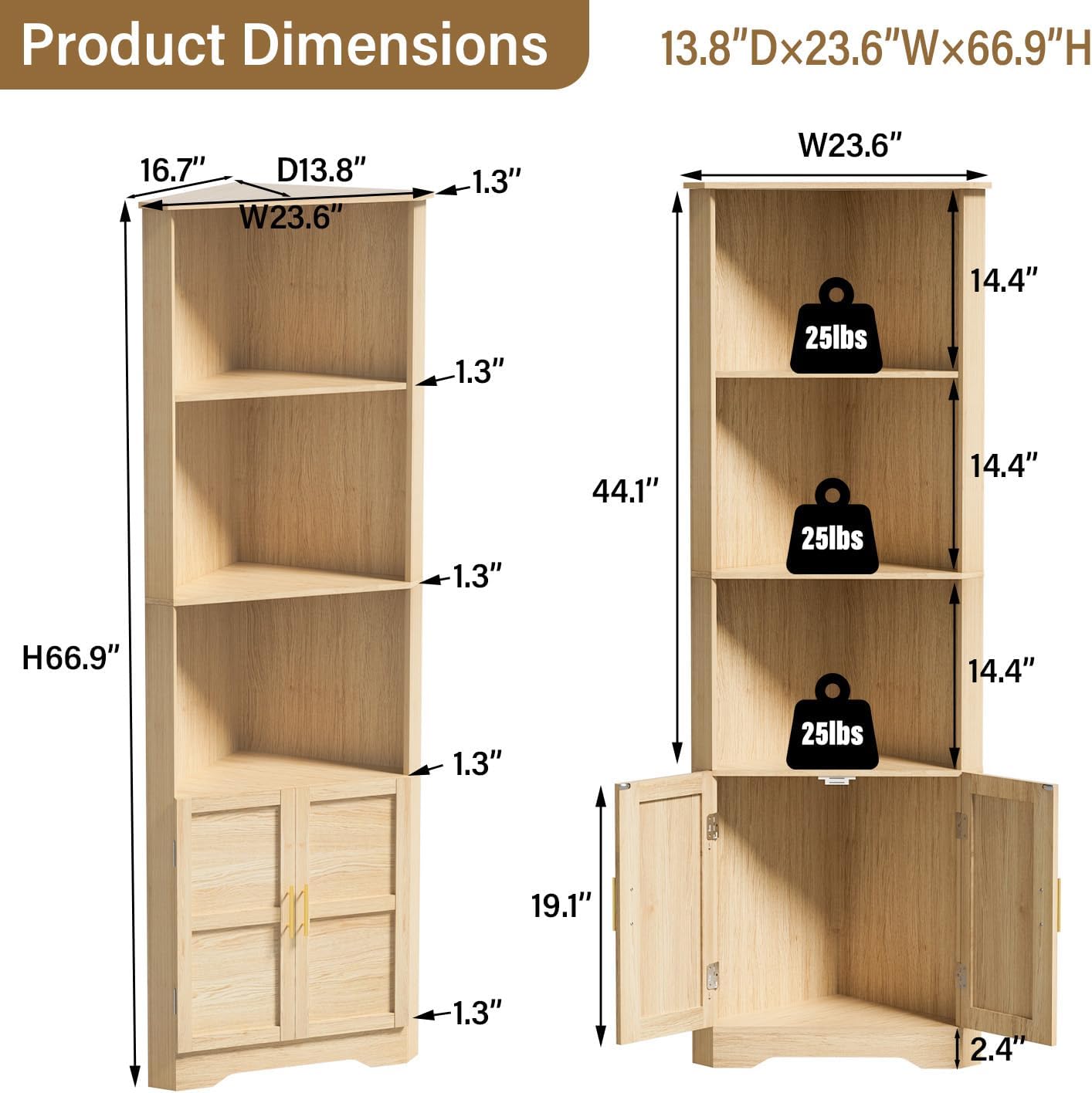 ROMMAK 67 Inch Tall Corner Cabinet with 2 Doors and Shelves