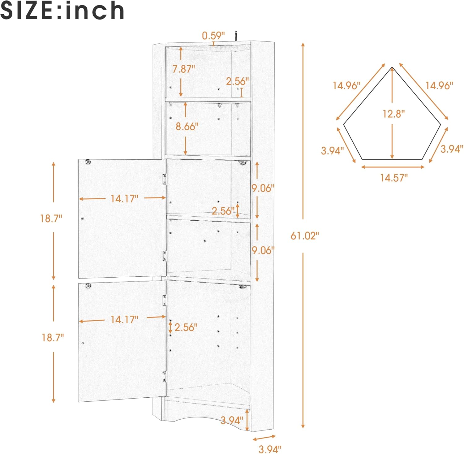 Tall Triangle Bathroom Cabinet with Doors and Adjustable Shelves Grey