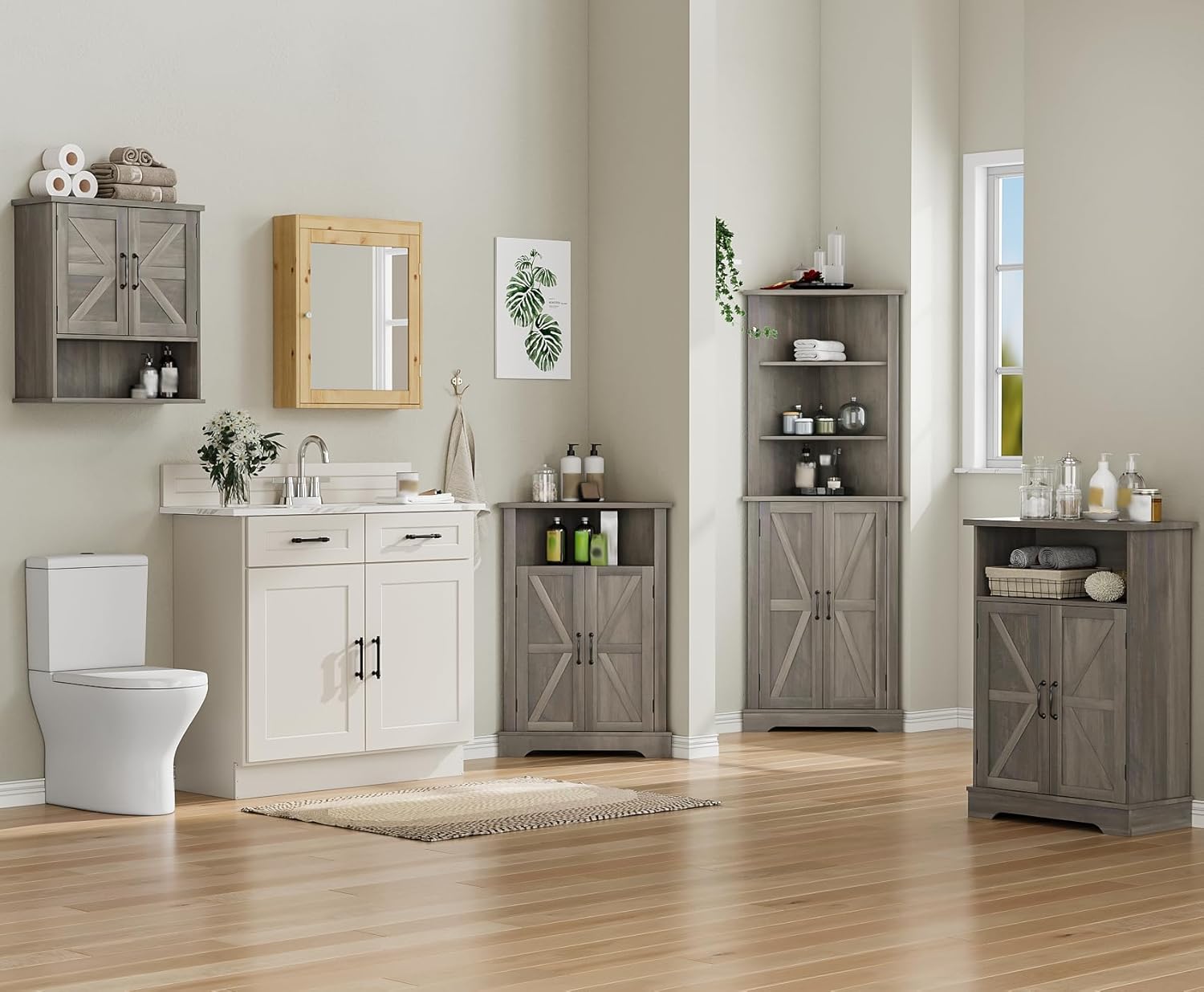 Farmhouse Corner Cabinet with Adjustable Shelves and Doors Grey