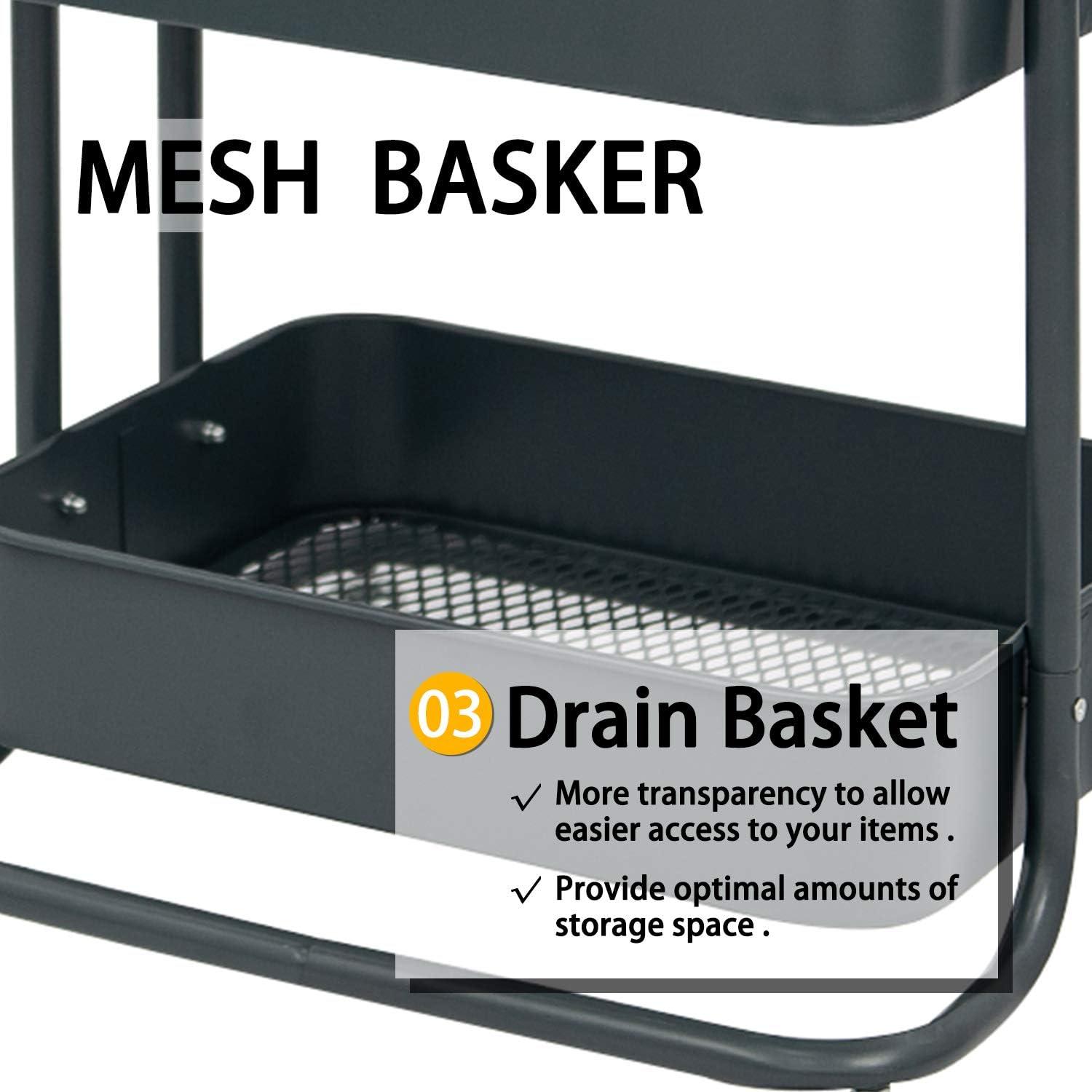 Wonline 3-Tier Metal Rolling Storage Cart with Locking Casters Grey
