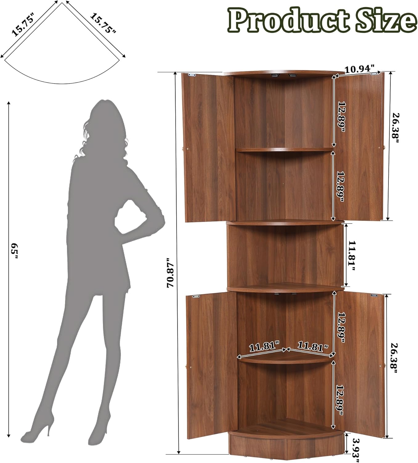 71 Inch Tall Corner Cabinet with Doors and 5-Tier Shelves in Walnut