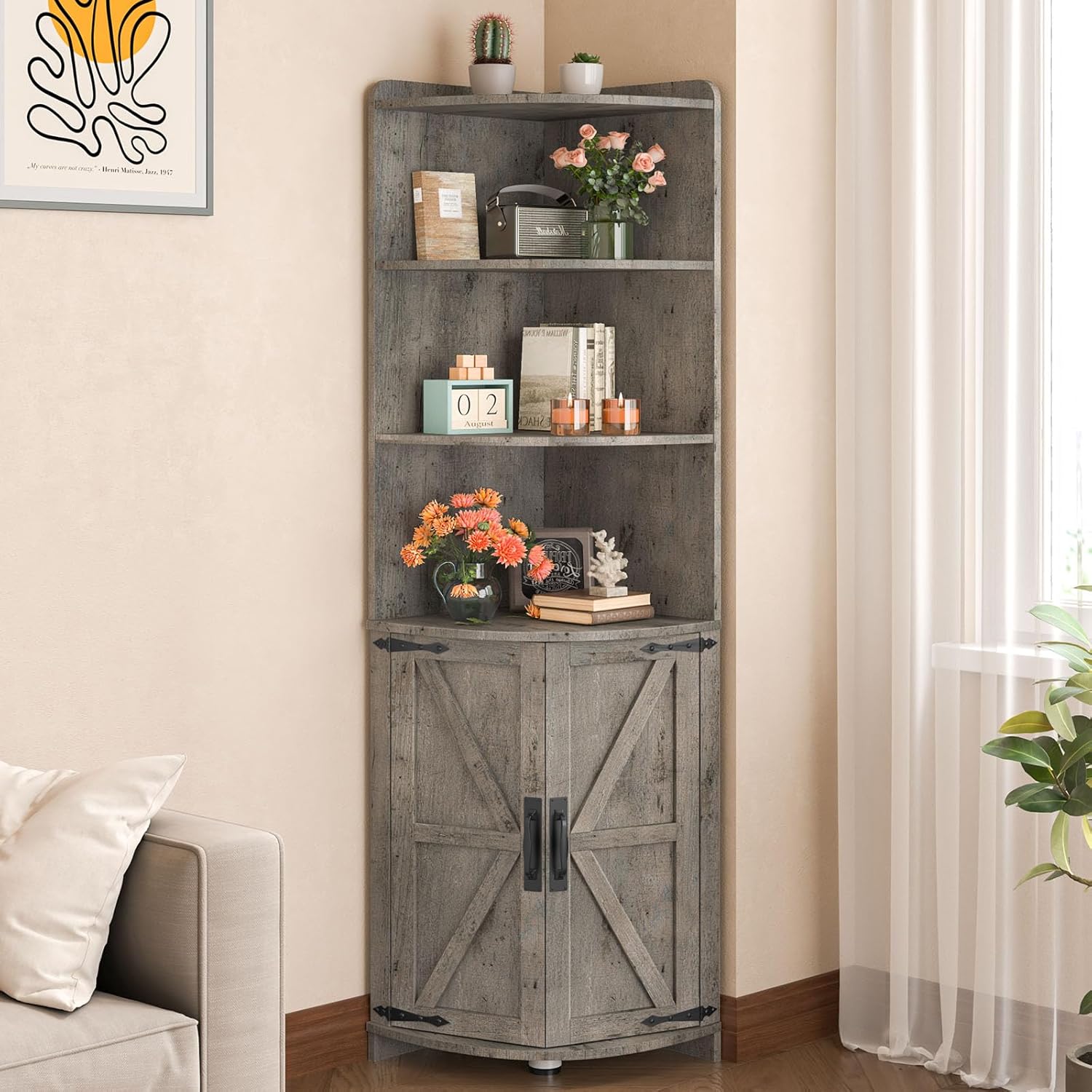 Halitaa Farmhouse Corner Cabinet with 6 Shelves and Barn Doors