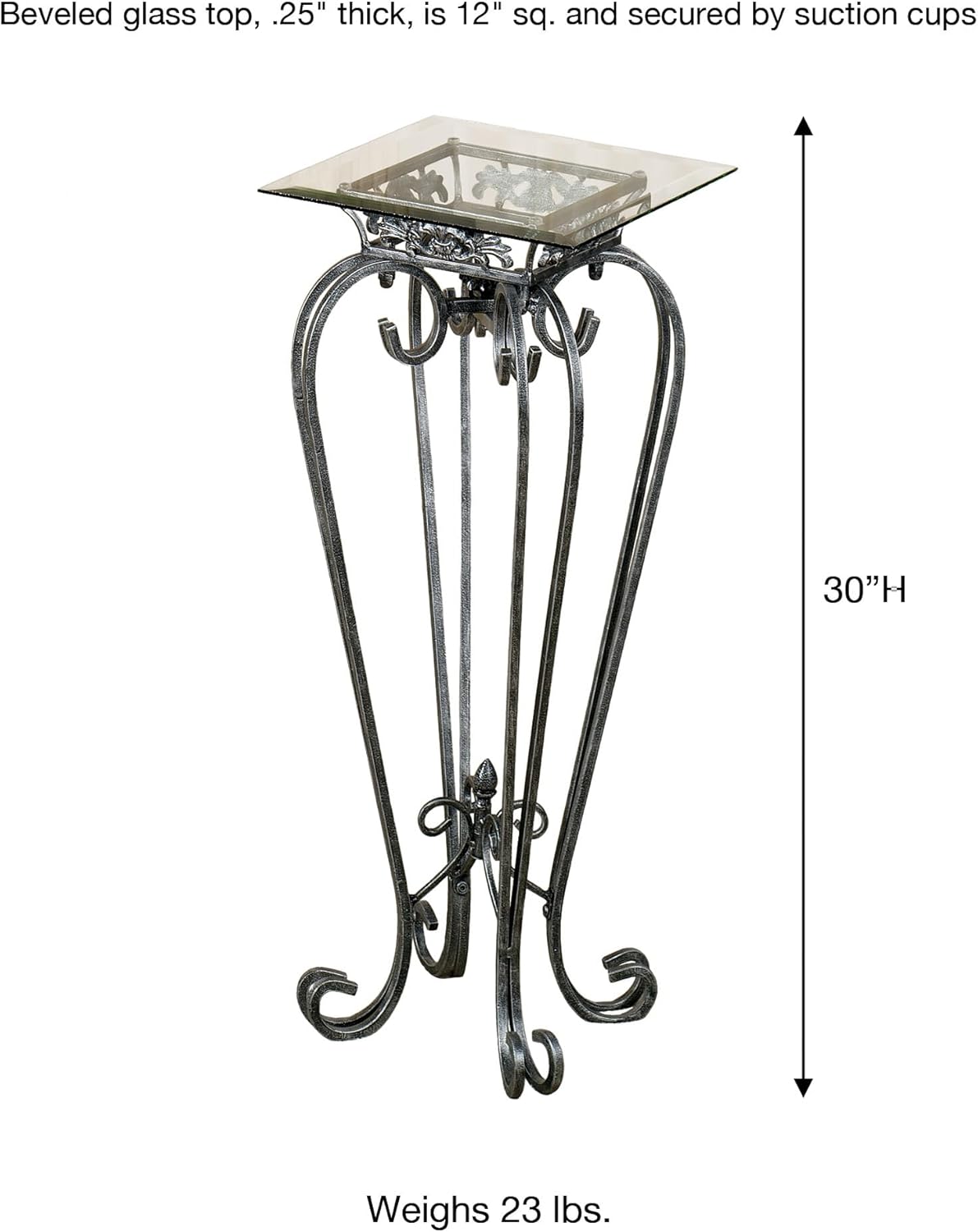 Touch of Class Chalcedony Metal Scroll Pedestal Table - Beveled Glass - Antique Pewter - Square Top - Elegant Accent