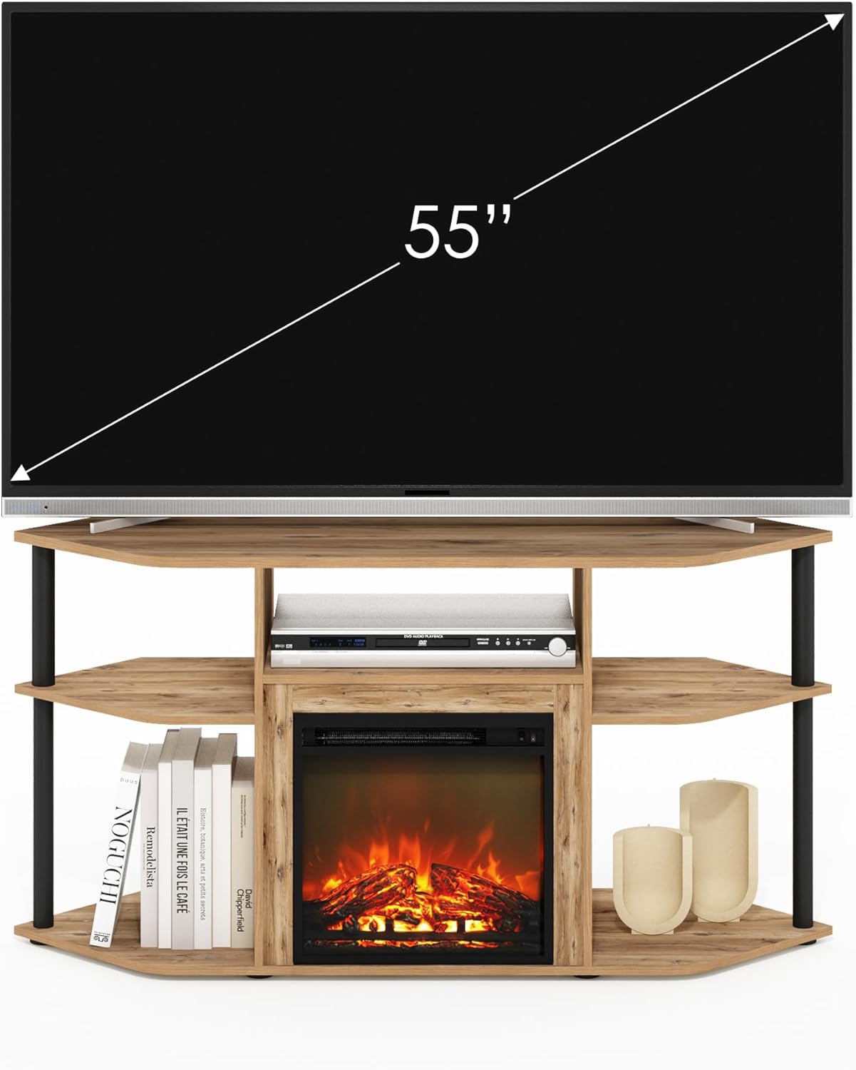 Furinno Jensen Storage Corner TV Stand with Fireplace