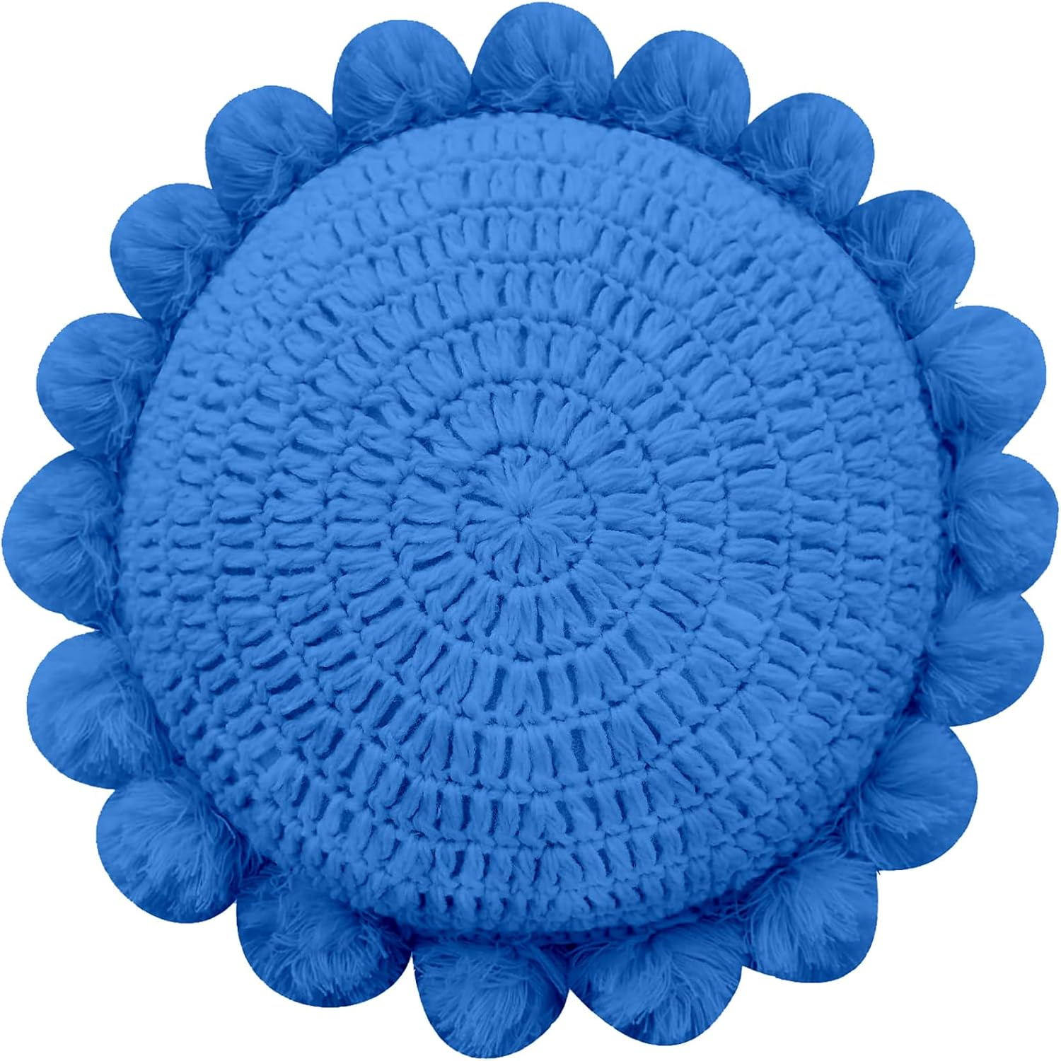 Boho Round Throw Pillow with Pom Poms Tassels 18 Inch Blue