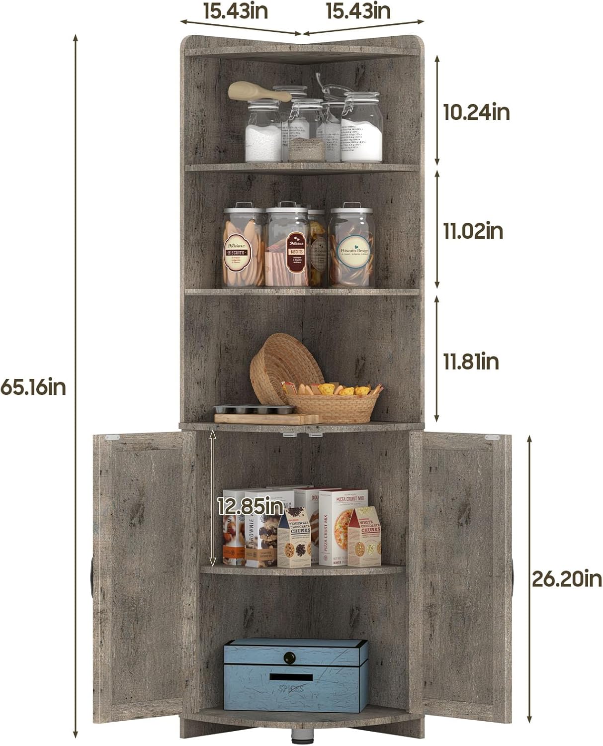 Halitaa Farmhouse Corner Cabinet with 6 Shelves and Barn Doors