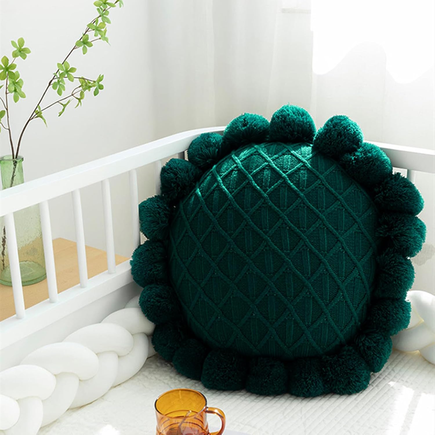 Acrylic Knitted Throw Pillow with Pom Poms Dark Green 18 Inches Diameter