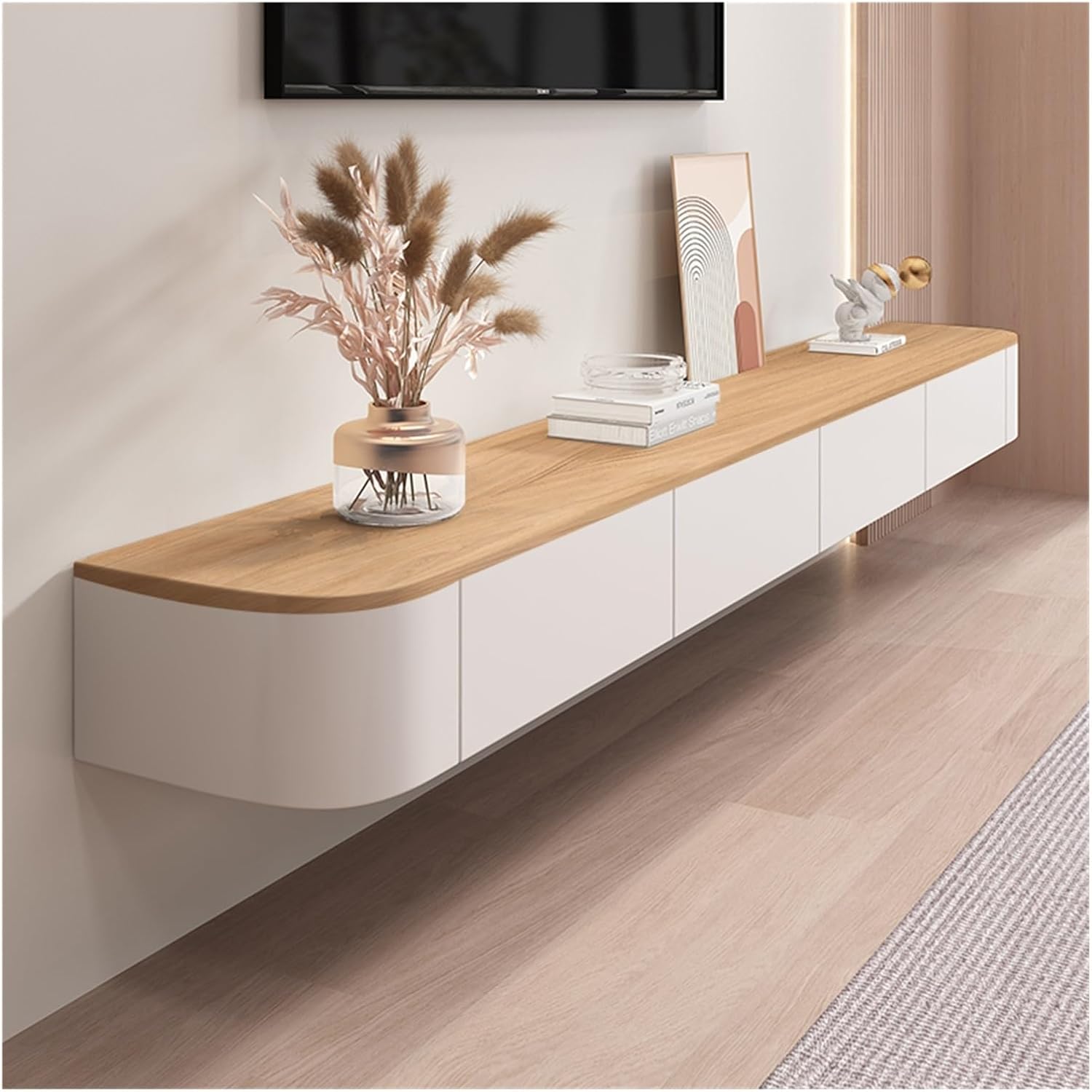Sobstkeo Floating TV Stand Wall Mounted Cabinet 140CM Wood and White