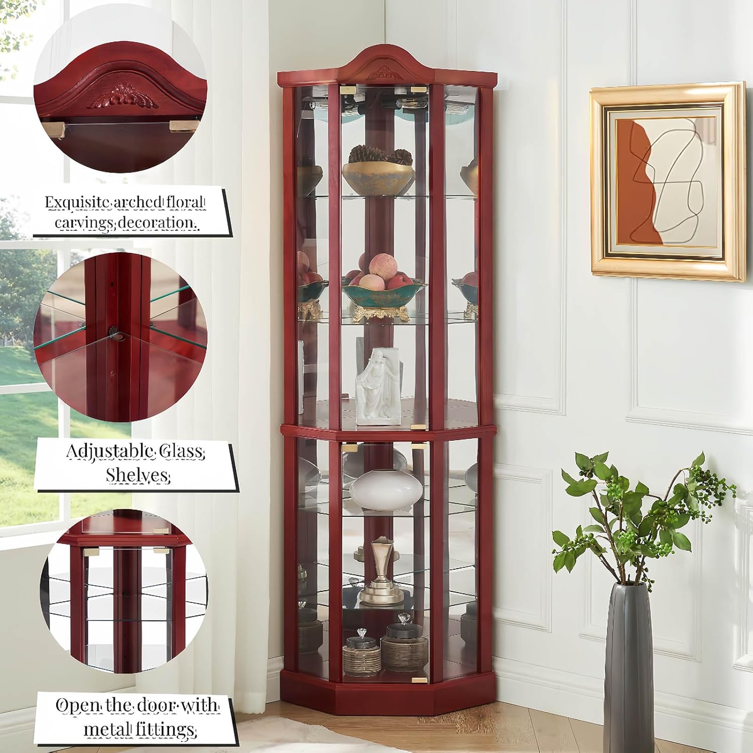 Cherry Corner Curio Cabinet with 4 Adjustable Glass Shelves and Glass Doors